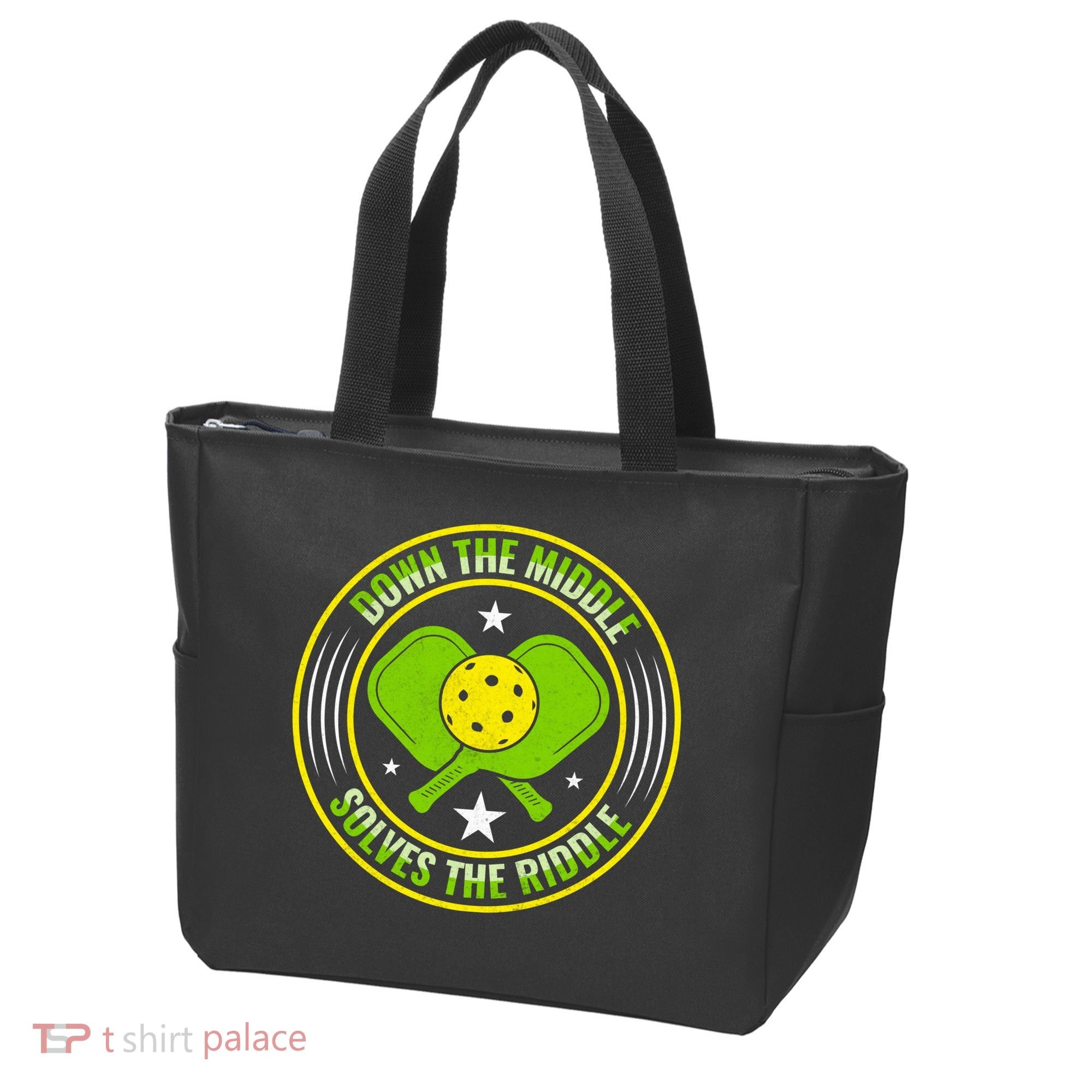 Down The Middle Solves The Riddle Funny Pickleball Tote Bag
