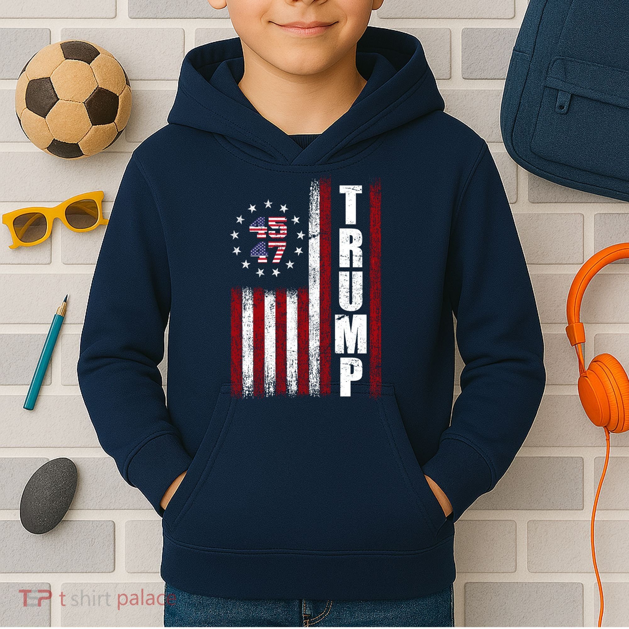 Donald Trump Merchandise 45 47 American Flag Kids Hoodie