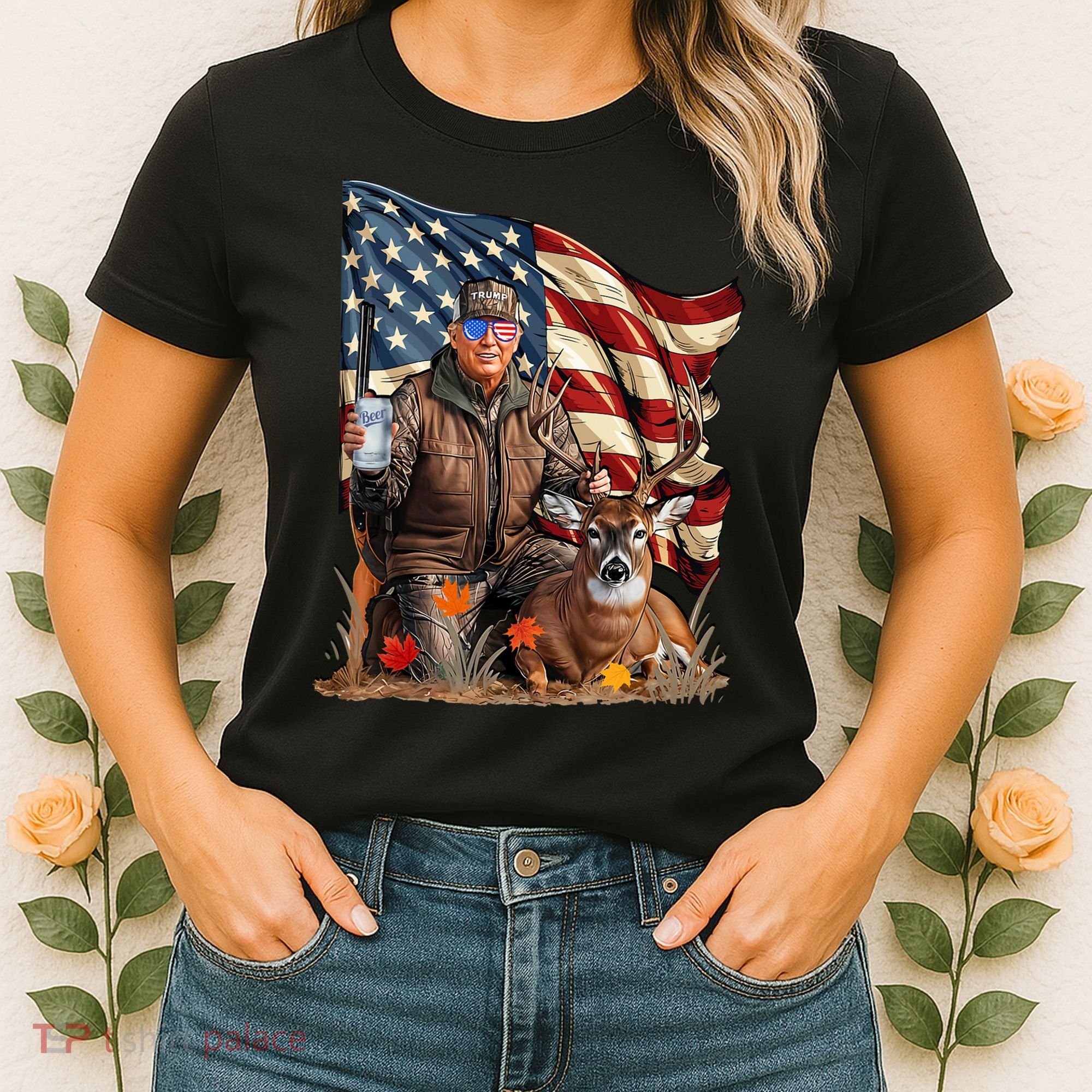 Donald Trump Maga Deer Hunting Parotic American Flag Women's T-Shirt