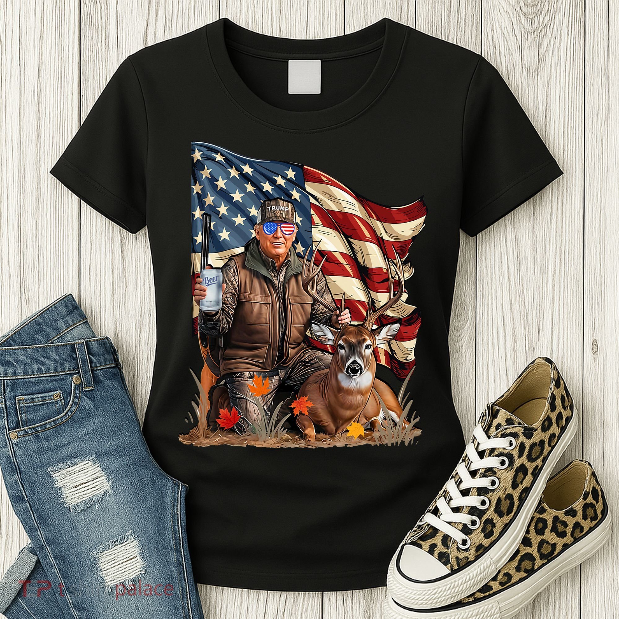 Donald Trump Maga Deer Hunting Parotic American Flag Women's T-Shirt
