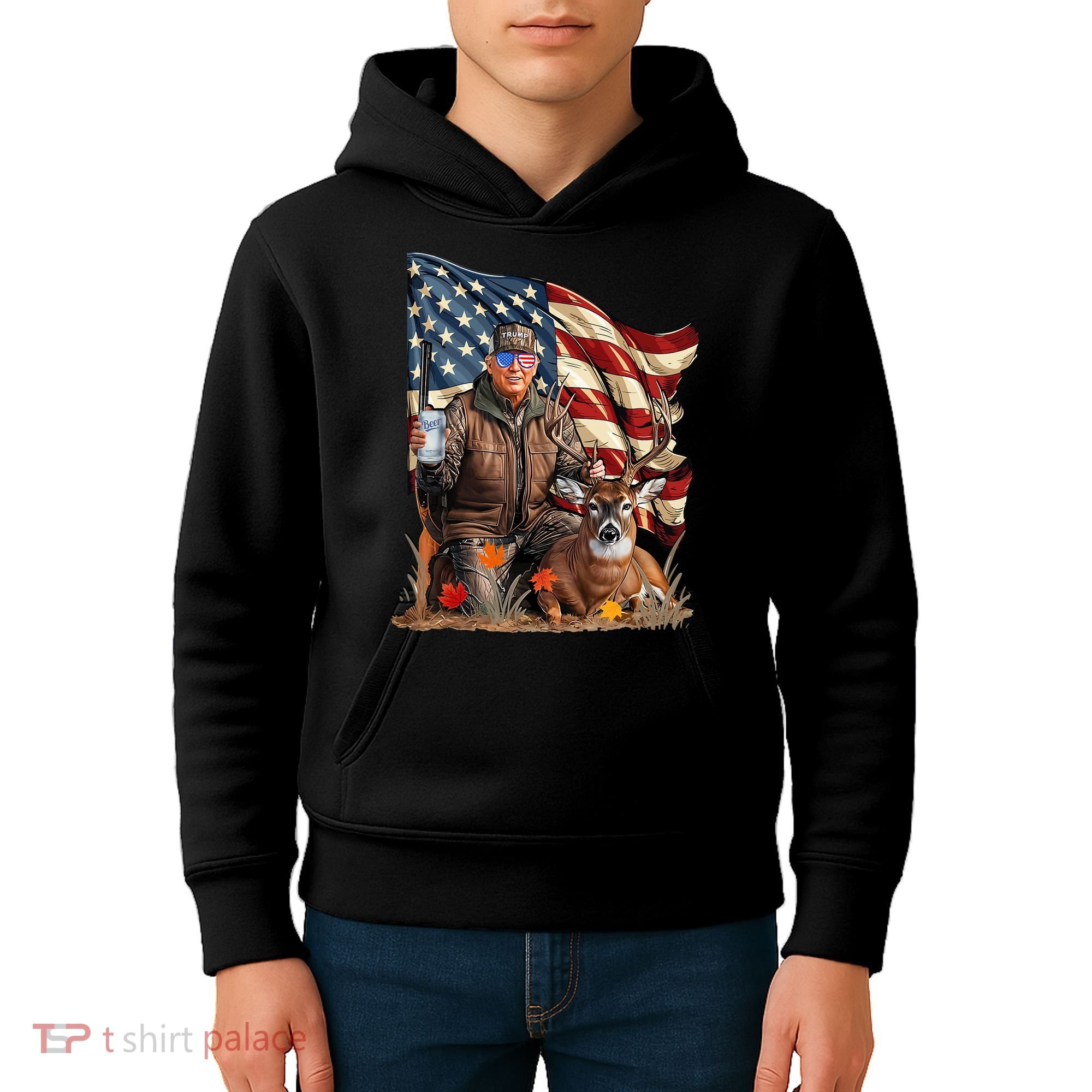 Donald Trump Maga Deer Hunting Parotic American Flag Kids Hoodie