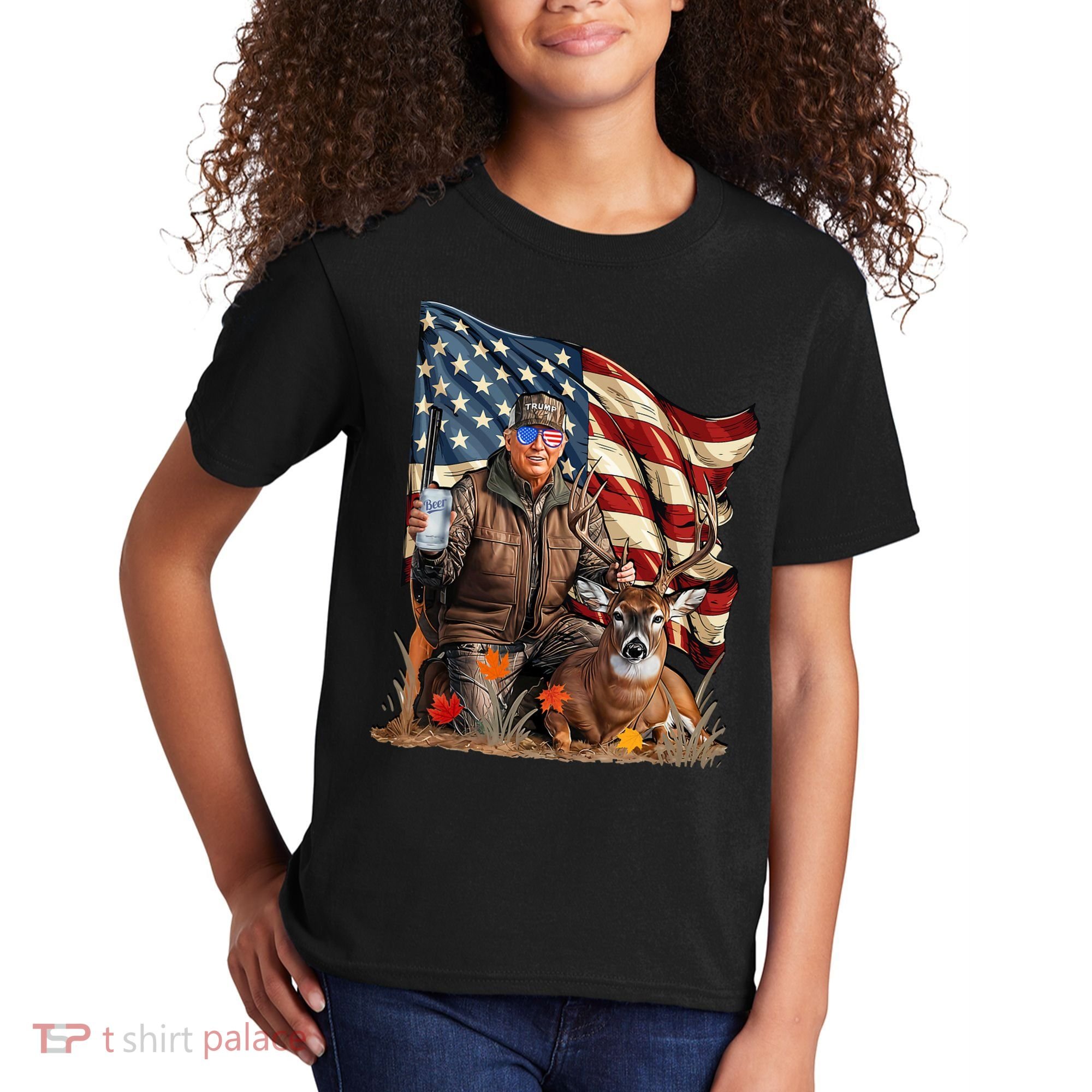 Donald Trump Maga Deer Hunting Parotic American Flag Kids T-Shirt