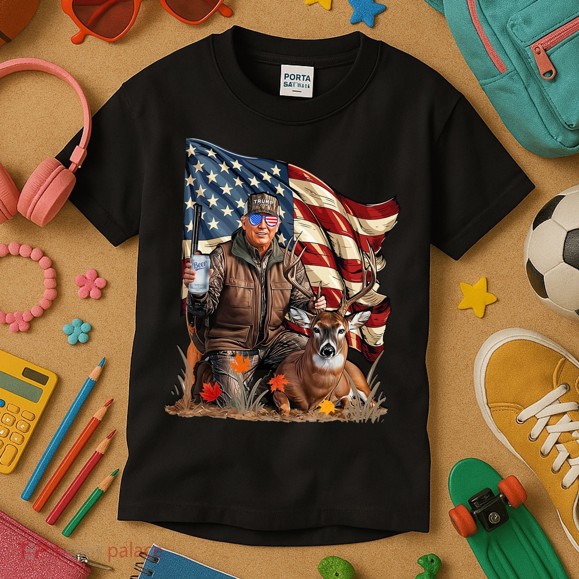 Donald Trump Maga Deer Hunting Parotic American Flag Kids T-Shirt