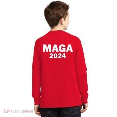 Donald Trump Mugshot MAGA 2024 Front & Back Kids Long Sleeve Shirt back