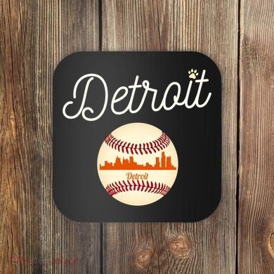 Distressed Tiger Mascot Gift Detroit Baseball Skyline Gift Coaster