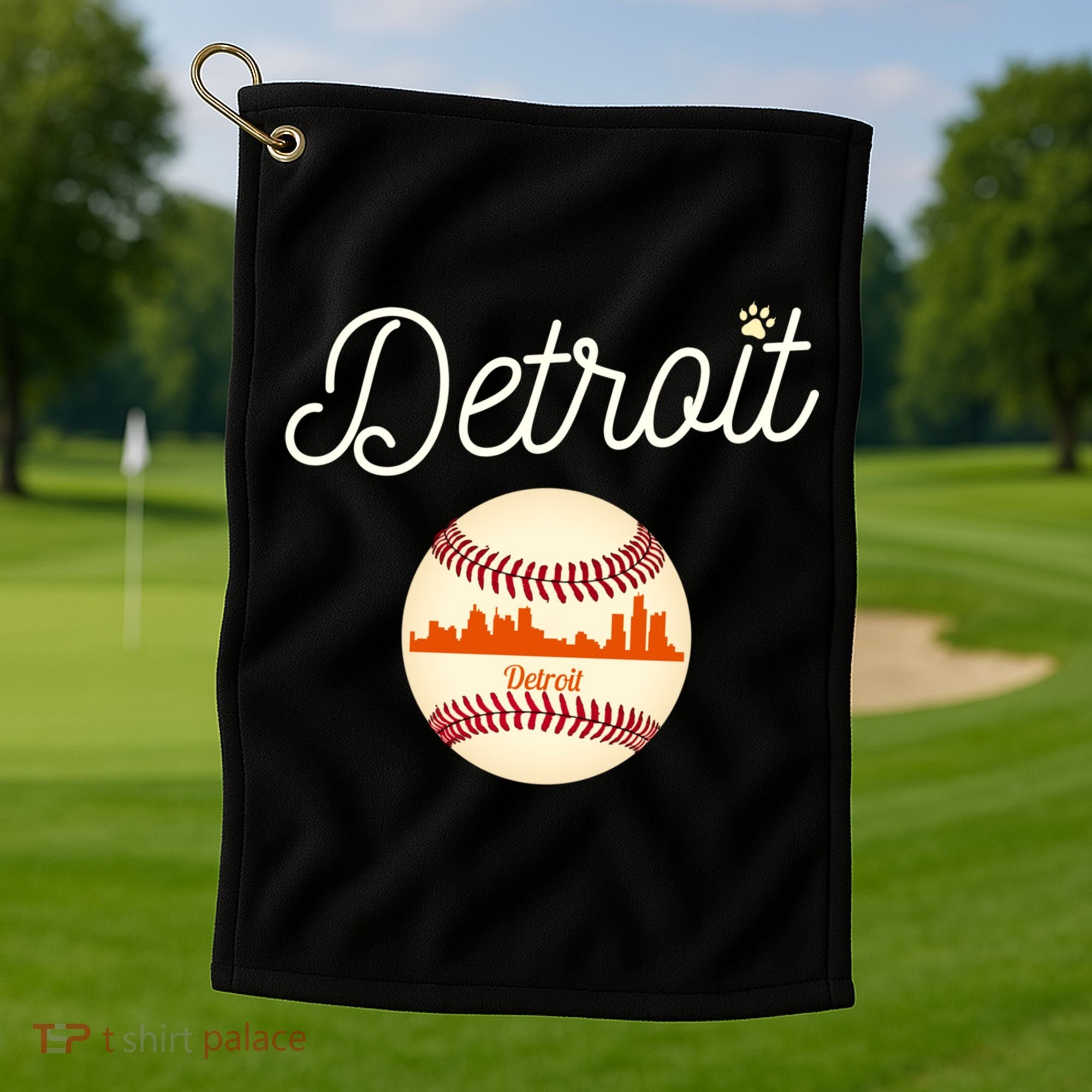 Distressed Tiger Mascot Gift Detroit Baseball Skyline Gift Golf Towel