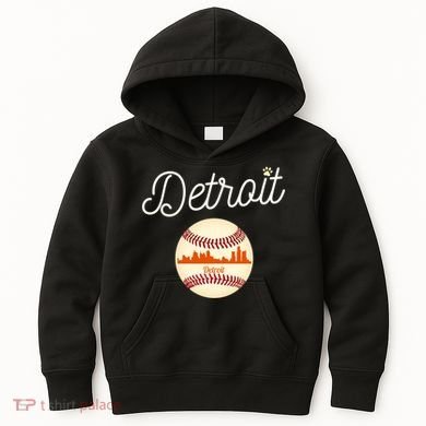 Distressed Tiger Mascot Gift Detroit Baseball Skyline Gift Kids Hoodie