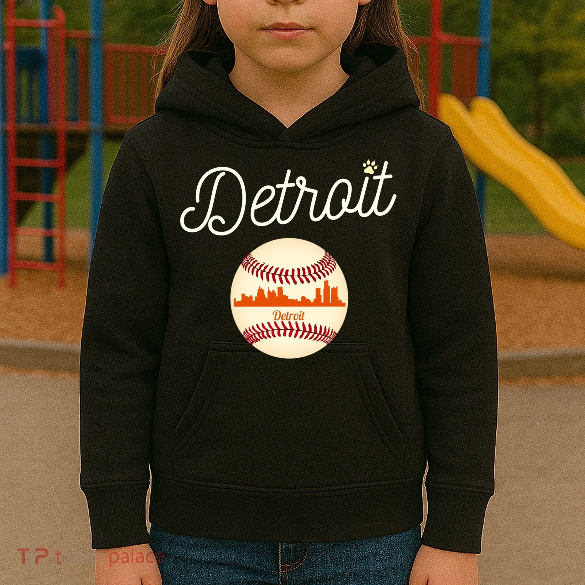 Distressed Tiger Mascot Gift Detroit Baseball Skyline Gift Kids Hoodie