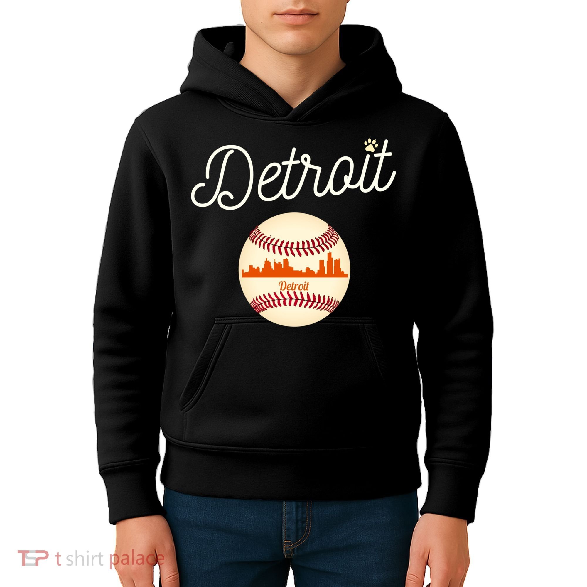 Distressed Tiger Mascot Gift Detroit Baseball Skyline Gift Kids Hoodie