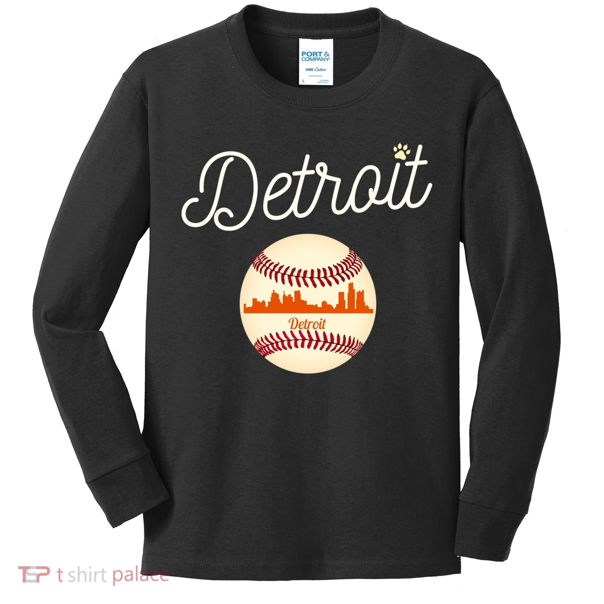 Distressed Tiger Mascot Gift Detroit Baseball Skyline Gift Kids Long Sleeve Shirt