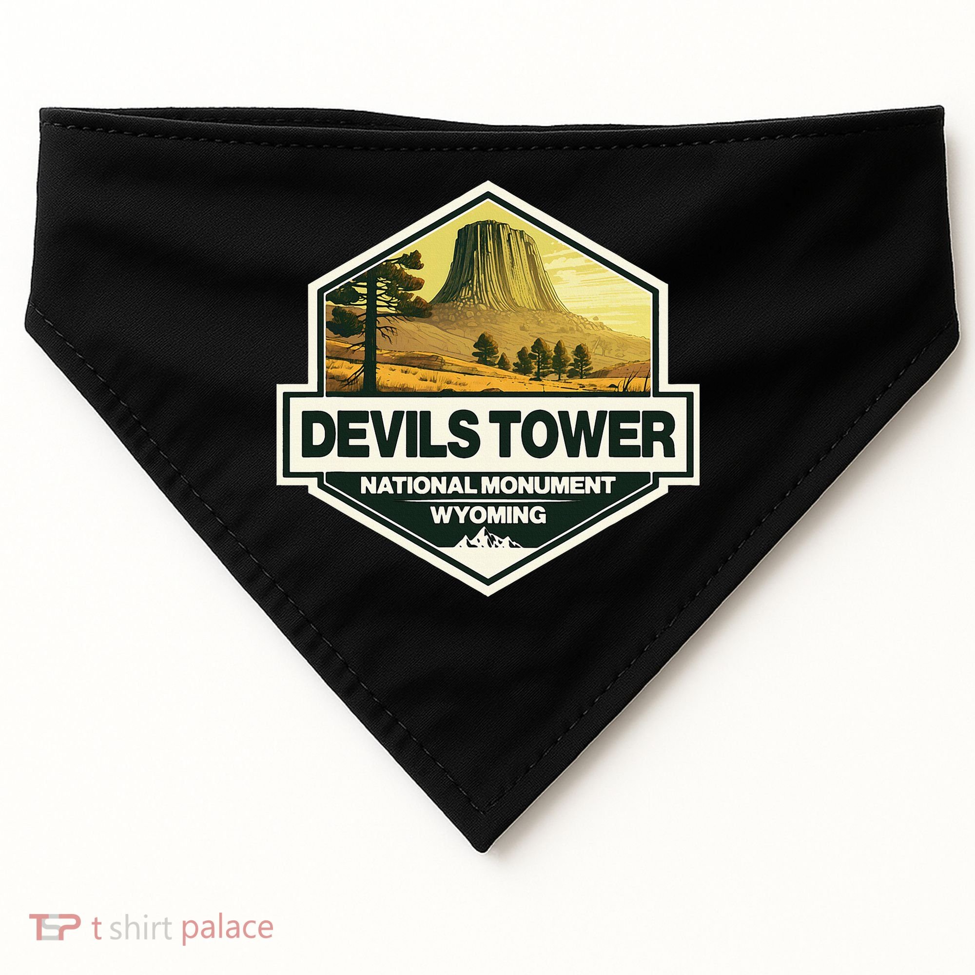 Devils Tower National Monument Wyoming Travel Art Badge USA-Made Doggie Bandana