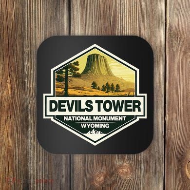 Devils Tower National Monument Wyoming Travel Art Badge Coaster