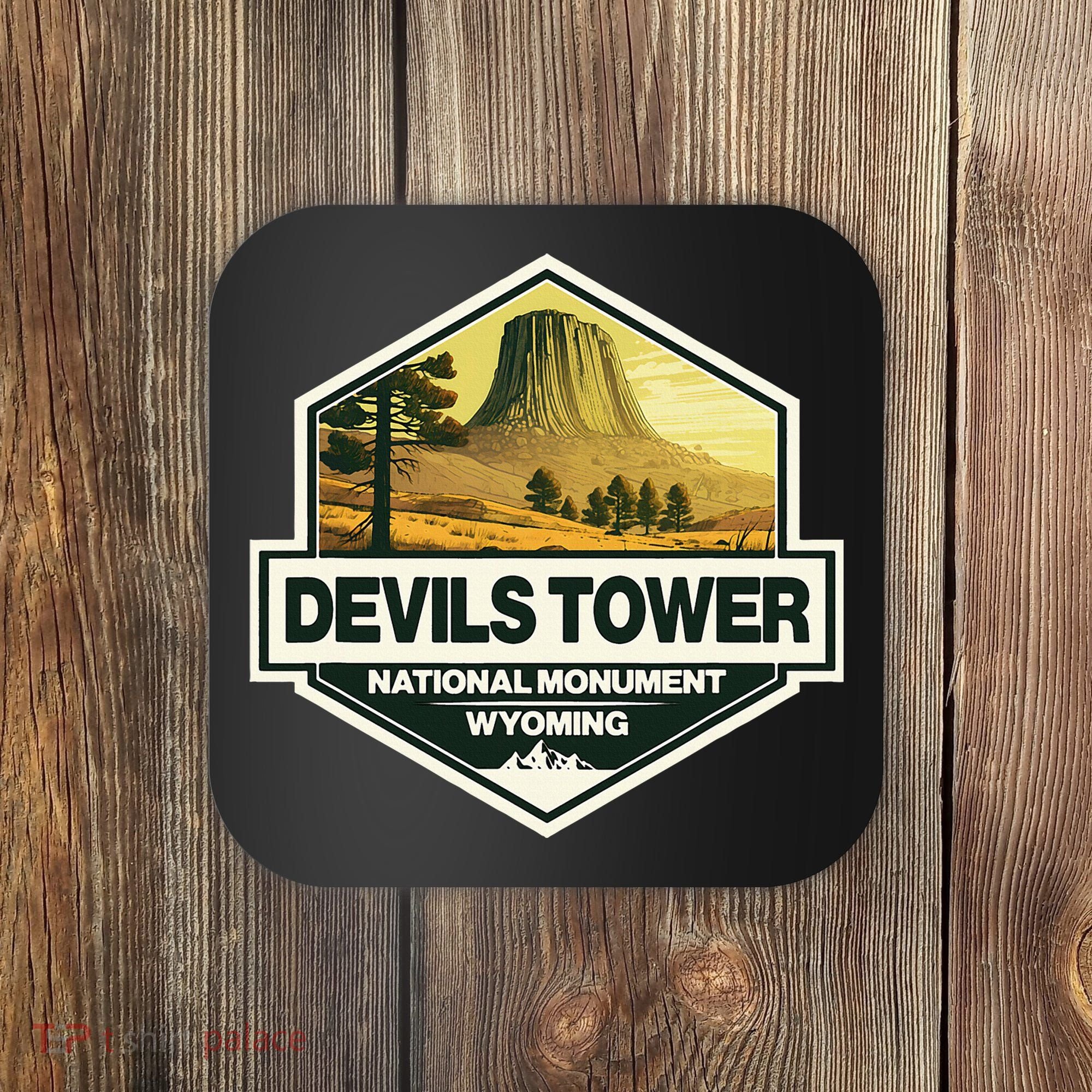 Devils Tower National Monument Wyoming Travel Art Badge Coaster