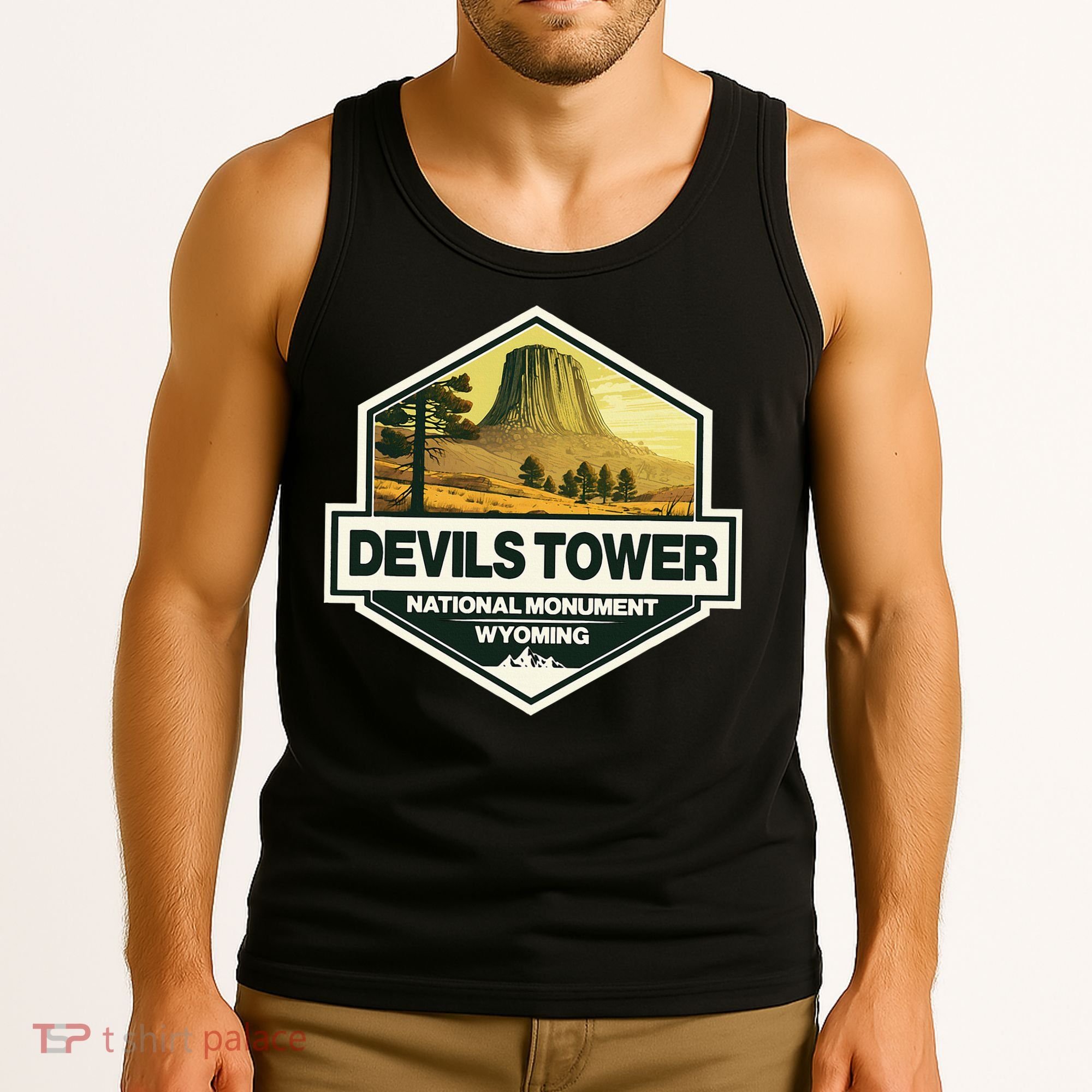 Devils Tower National Monument Wyoming Travel Art Badge Tank Top