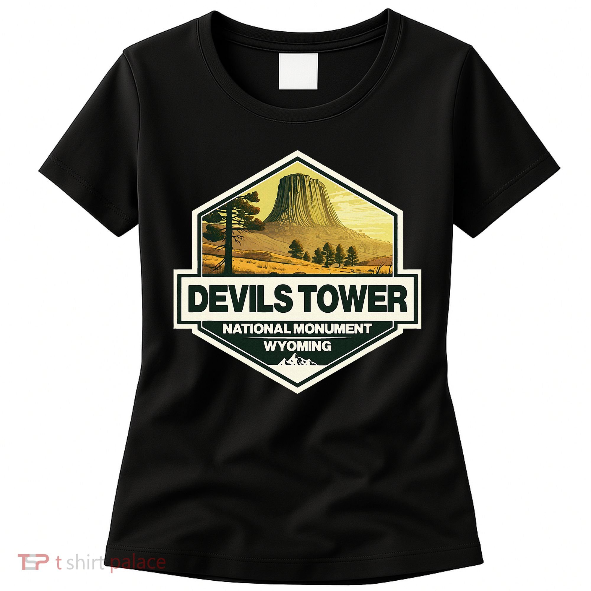 Devils Tower National Monument Wyoming Travel Art Badge Women's T-Shirt