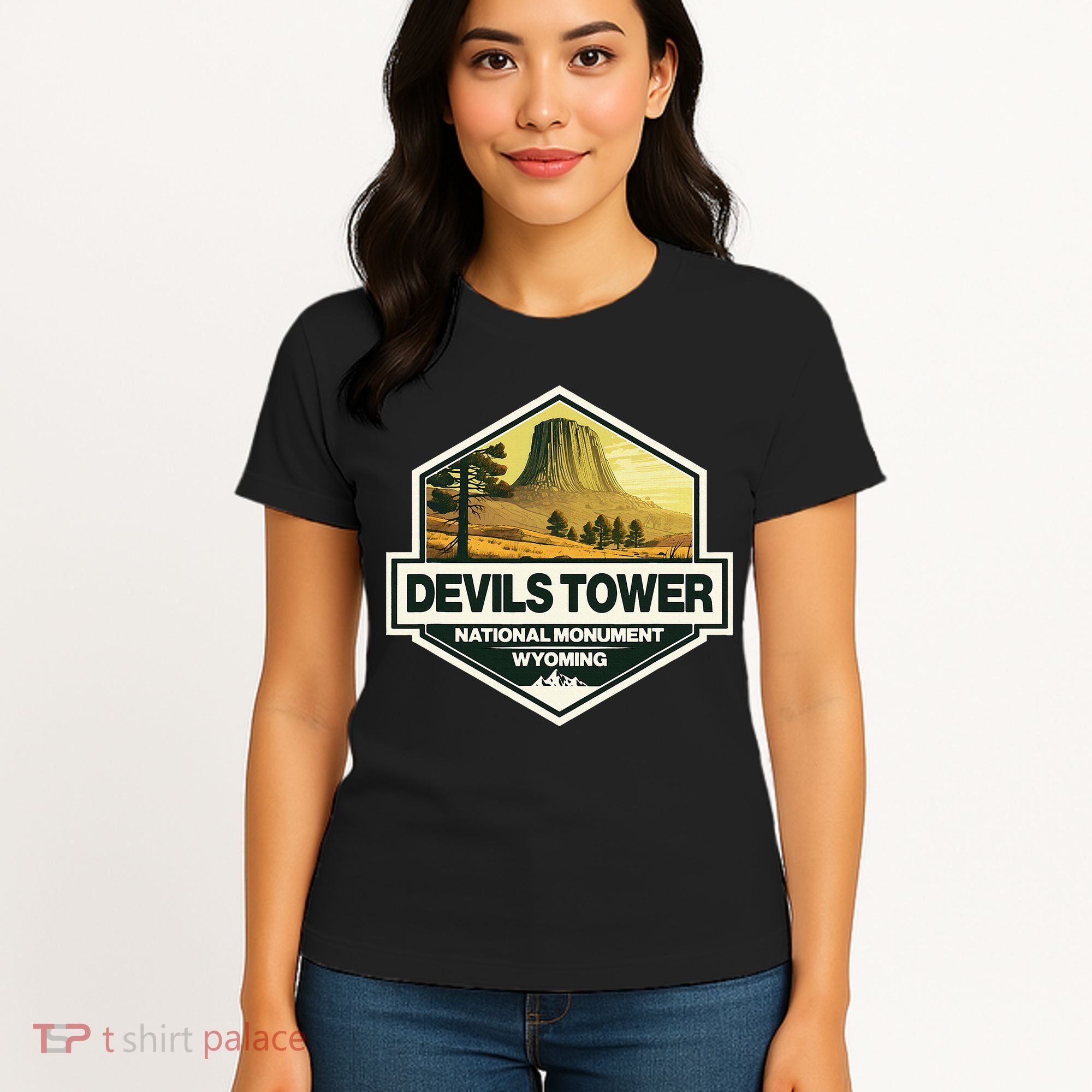 Devils Tower National Monument Wyoming Travel Art Badge Women's T-Shirt
