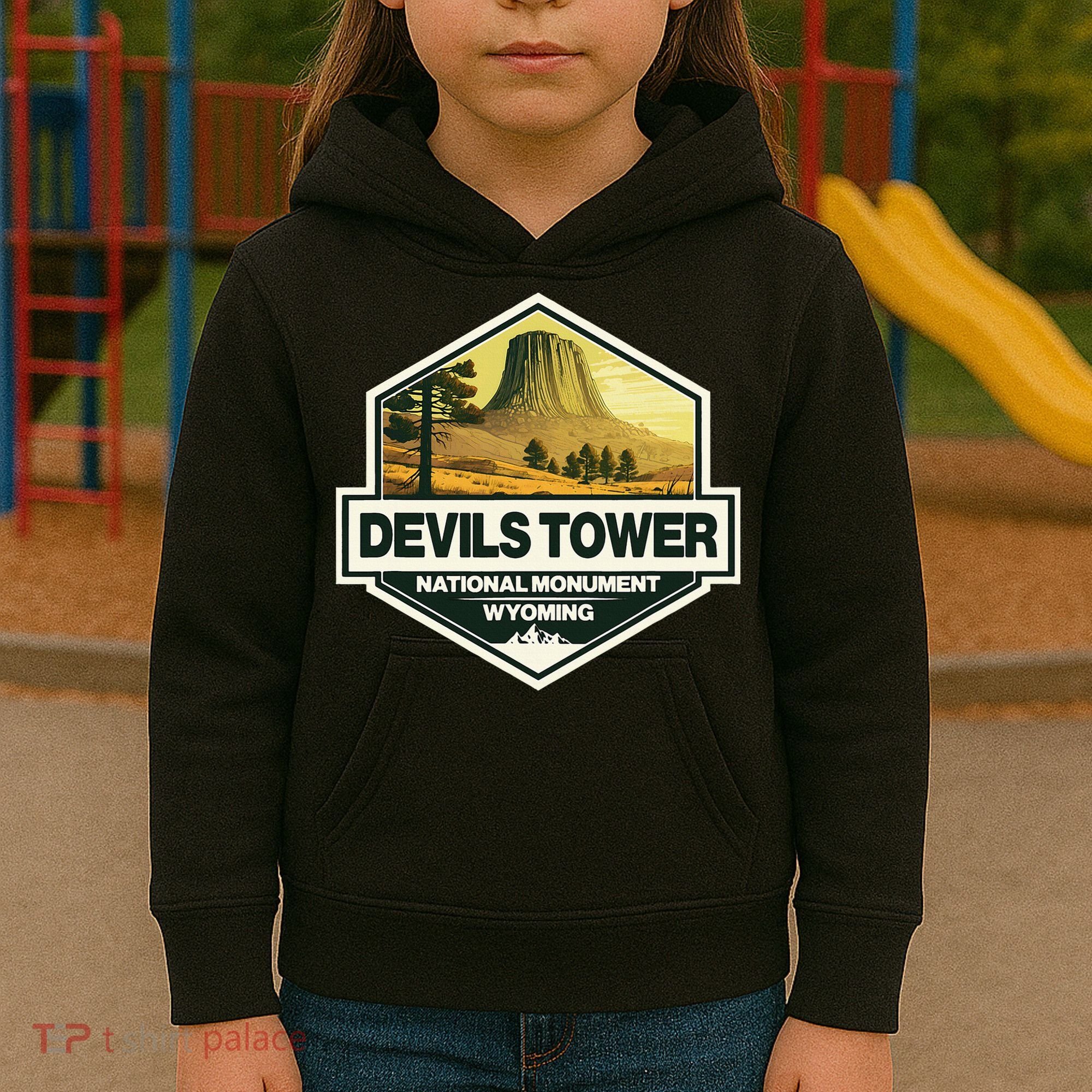 Devils Tower National Monument Wyoming Travel Art Badge Kids Hoodie