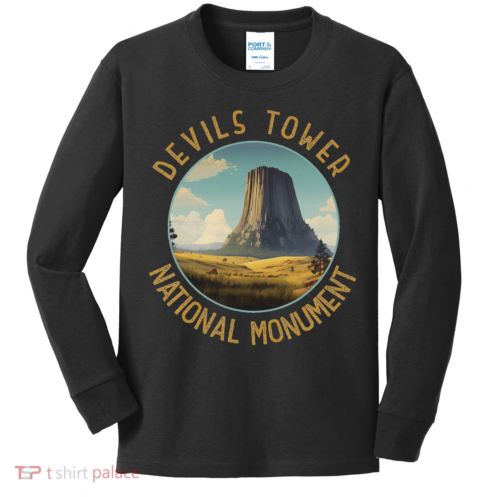 Devils Tower National Monument Distressed Circle Kids Long Sleeve Shirt