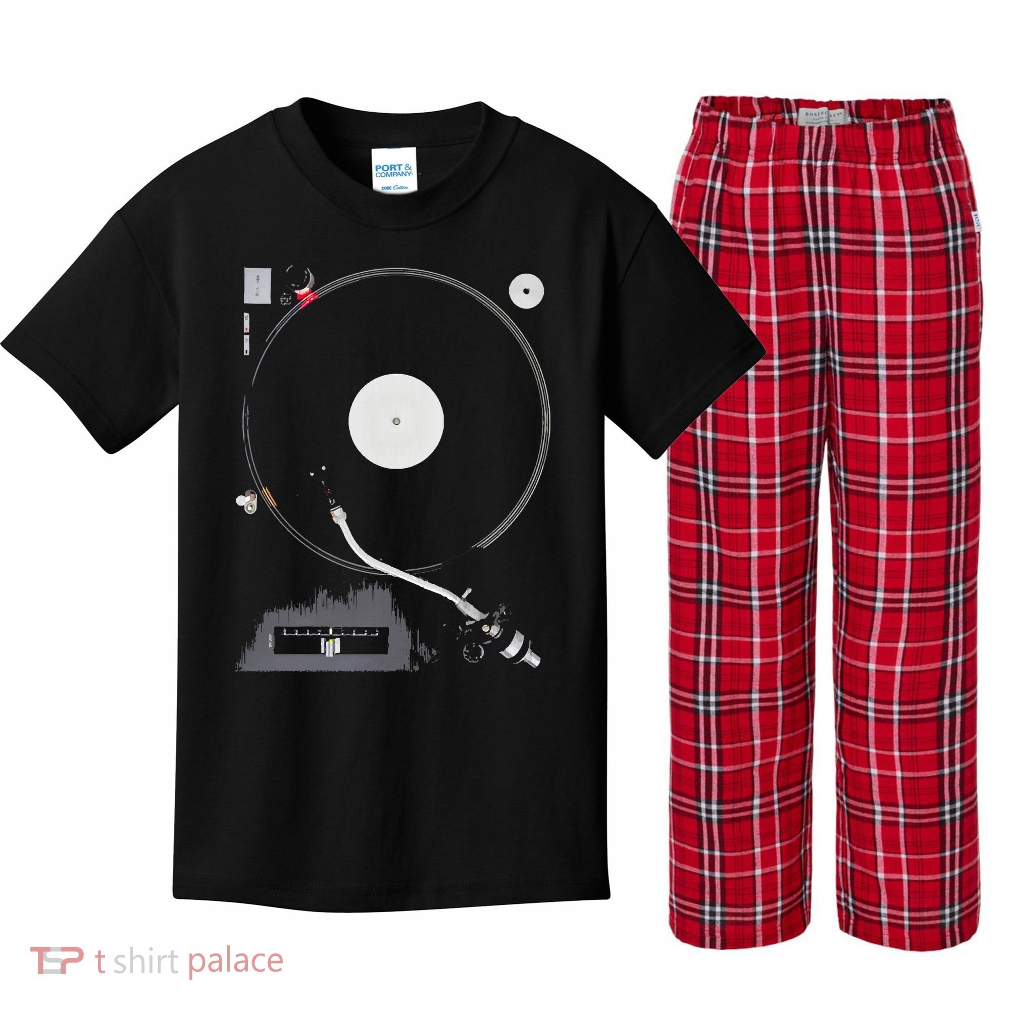 Dj Turntable Playing Vinyl Record Photo Kids Plaid Pajama Set