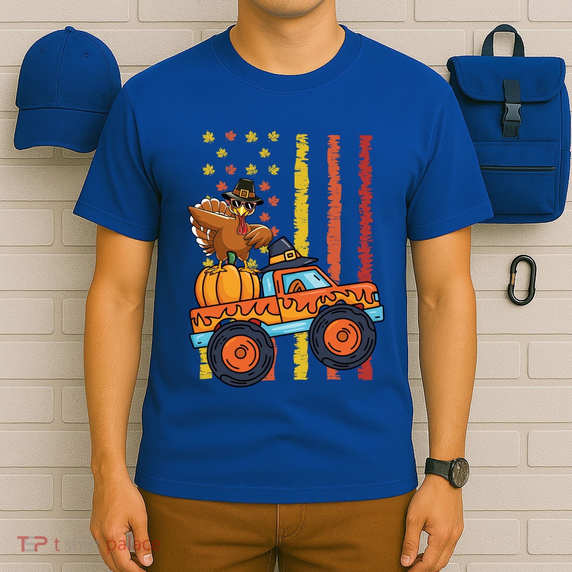 Dabbing Turkey Pumpkin Truck Autumn Usa Flag Thanksgiving Gift T-Shirt