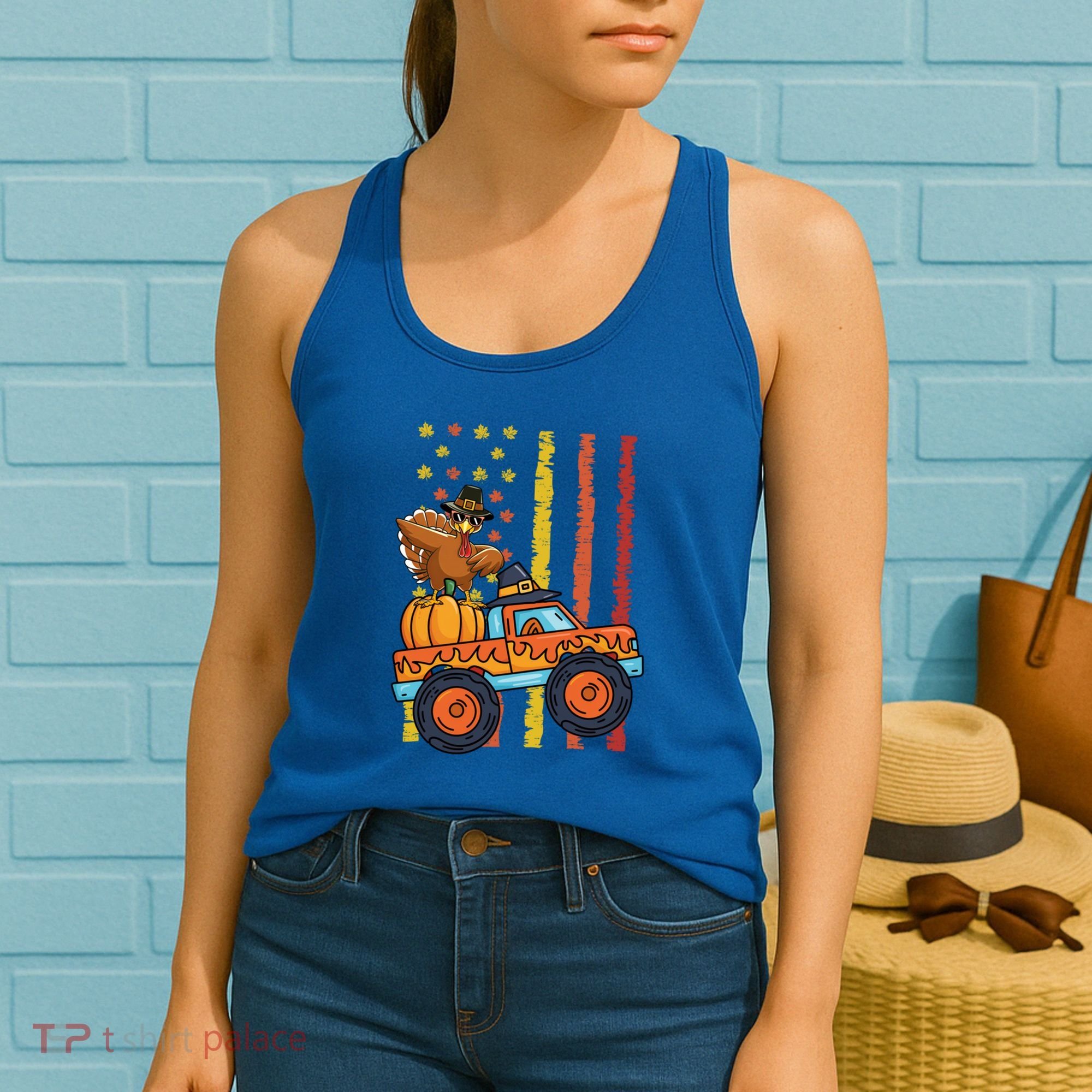 Dabbing Turkey Pumpkin Truck Autumn Usa Flag Thanksgiving Gift Women's Tank Top