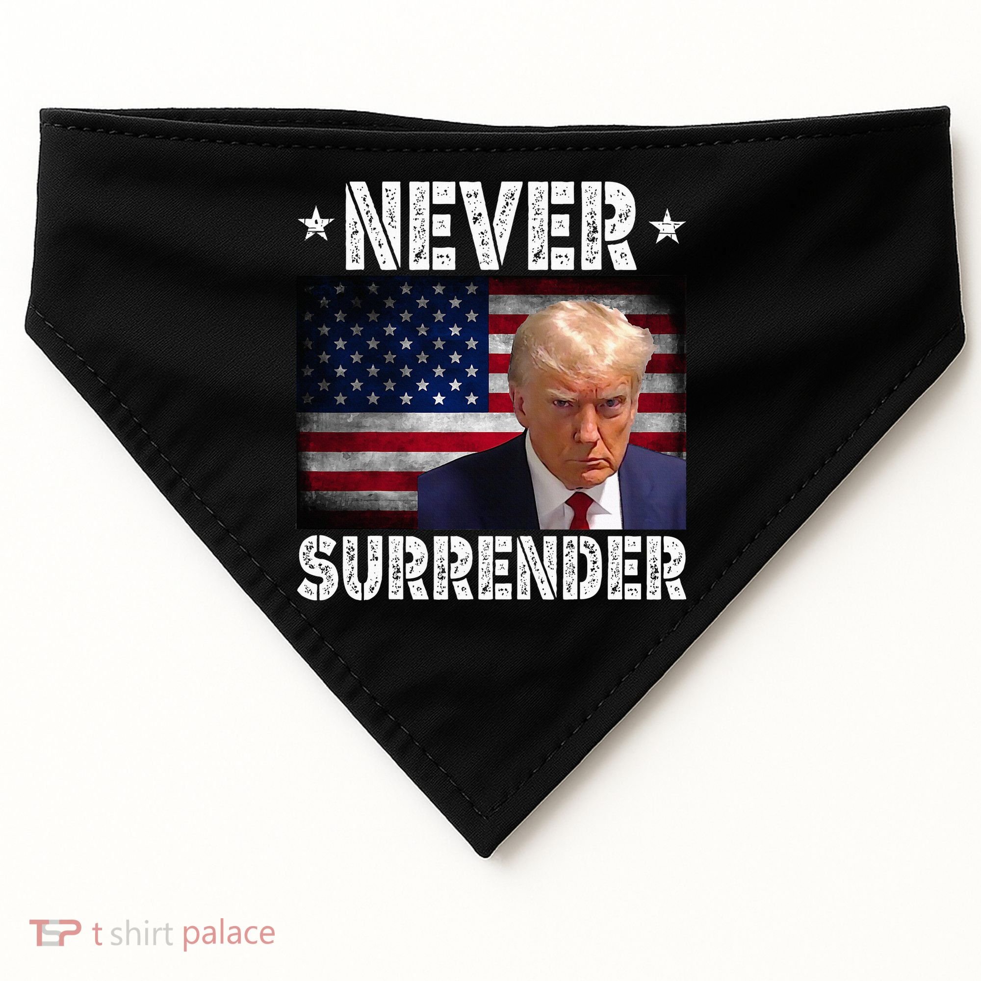 Donald Trump President Mugshot Never Surrender USA Flag USA-Made Doggie Bandana