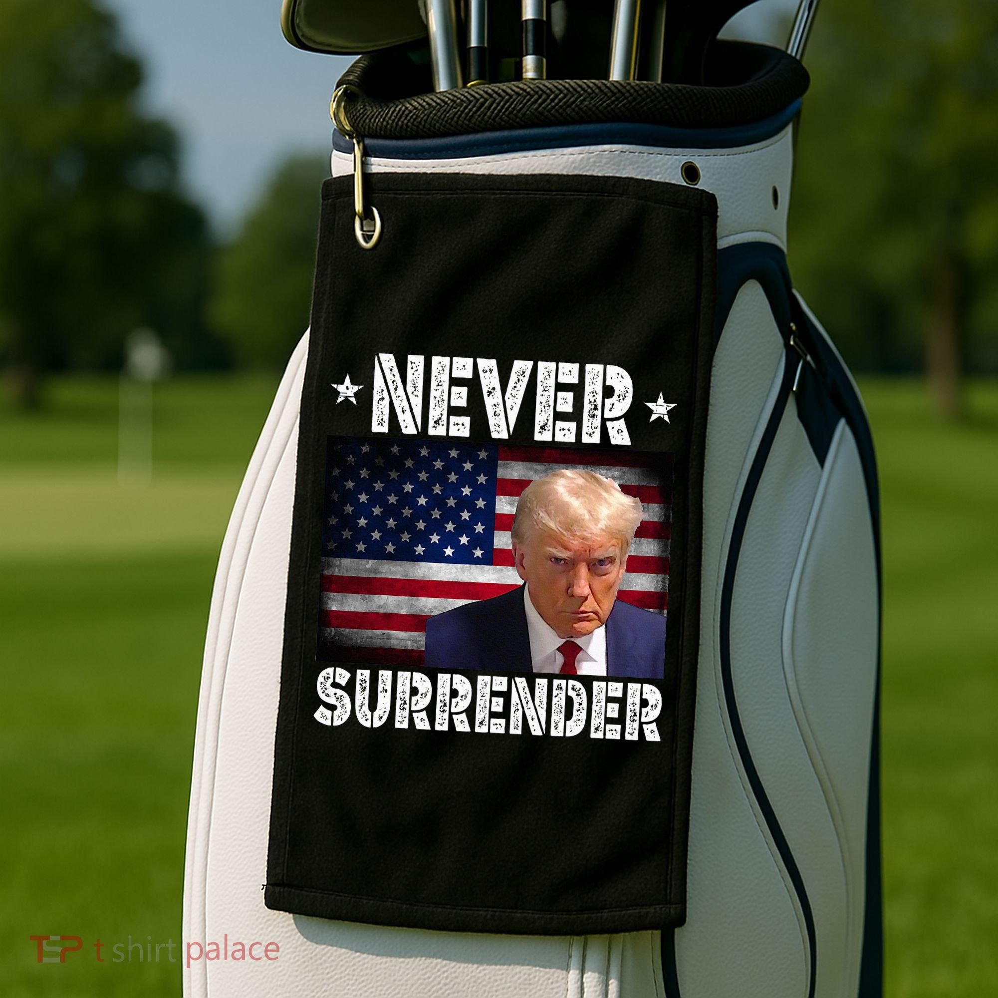 Donald Trump President Mugshot Never Surrender USA Flag Golf Towel