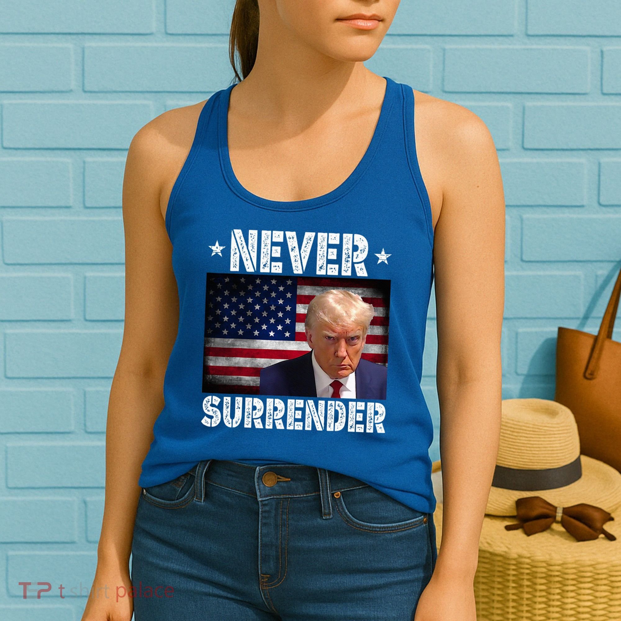 Donald Trump President Mugshot Never Surrender USA Flag Women's Tank Top