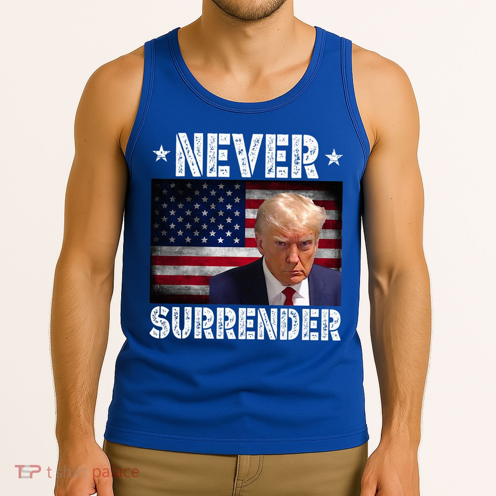Donald Trump President Mugshot Never Surrender USA Flag Tank Top
