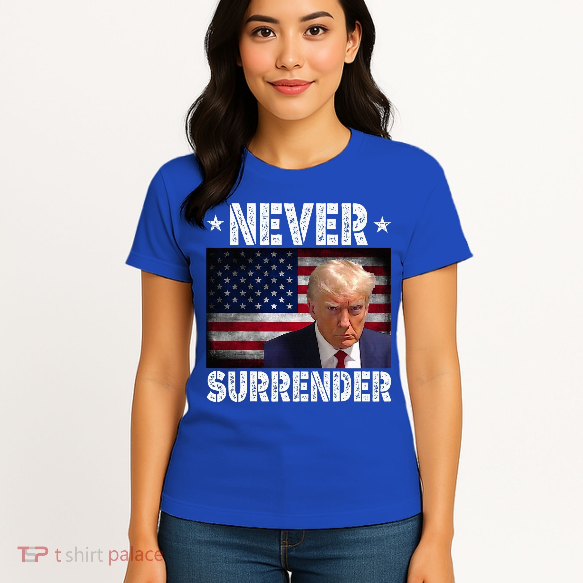 Donald Trump President Mugshot Never Surrender USA Flag Women's T-Shirt