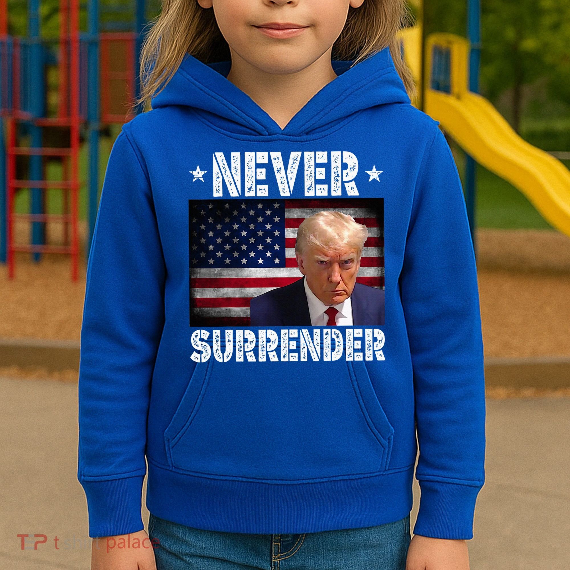 Donald Trump President Mugshot Never Surrender USA Flag Kids Hoodie