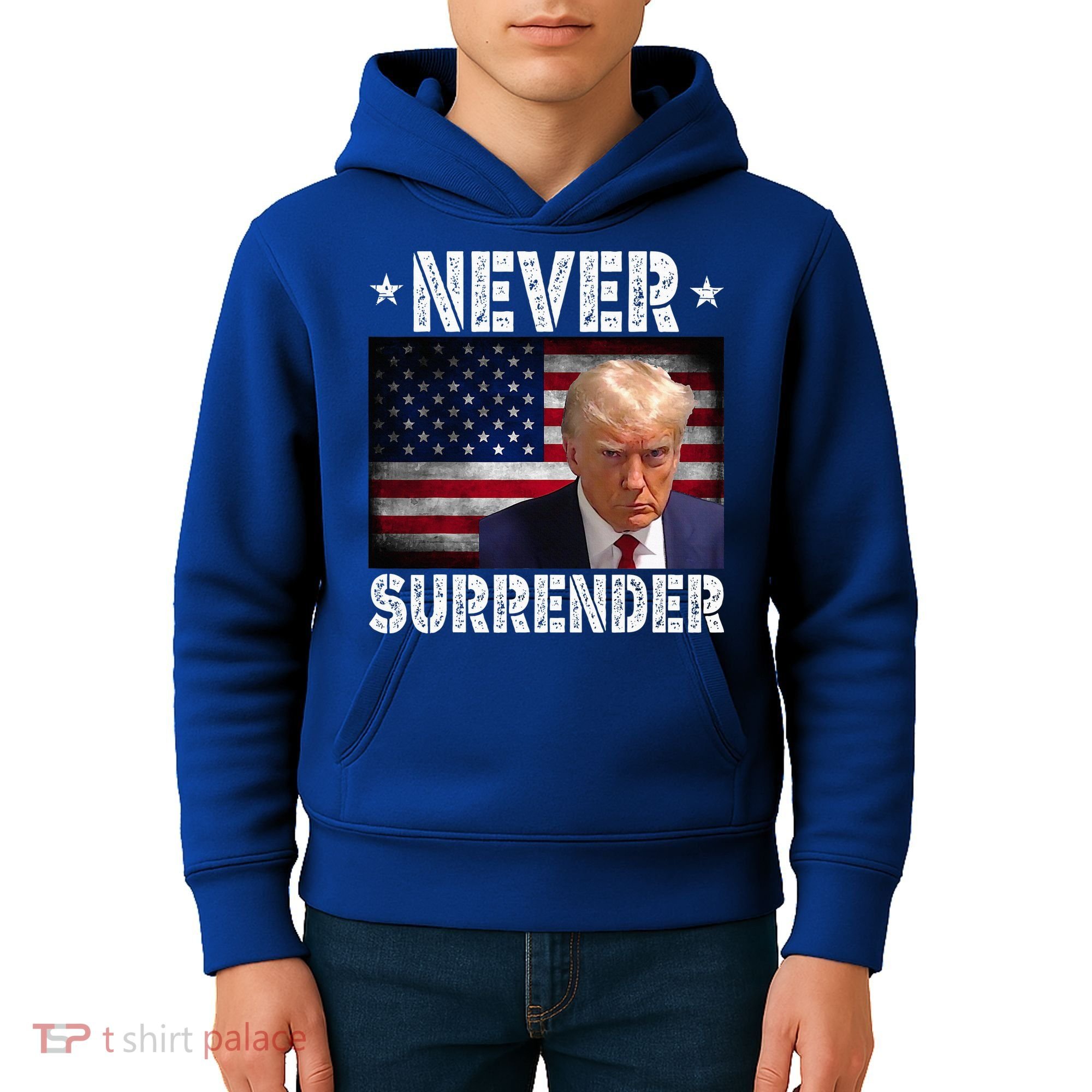 Donald Trump President Mugshot Never Surrender USA Flag Kids Hoodie