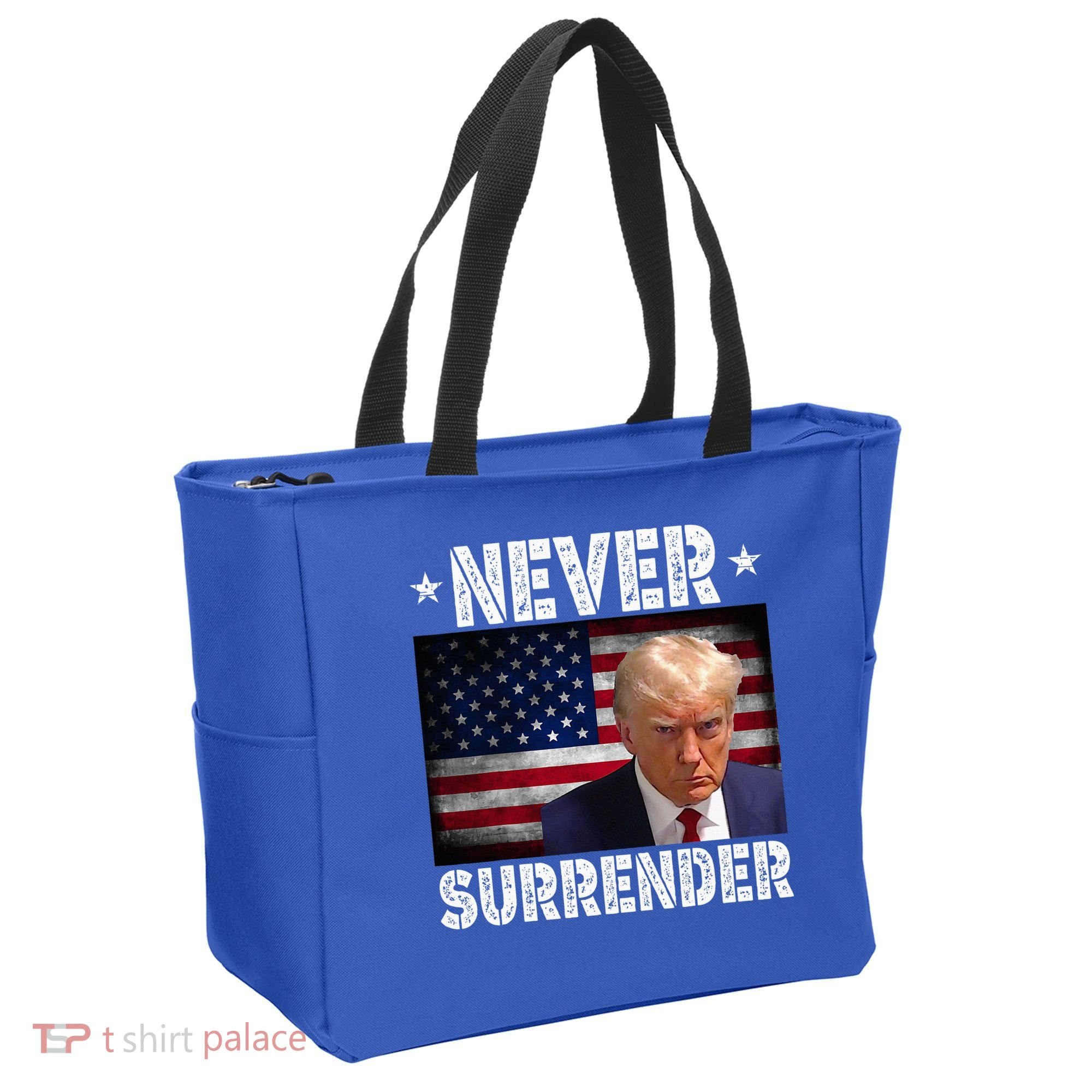 Donald Trump President Mugshot Never Surrender USA Flag Tote Bag