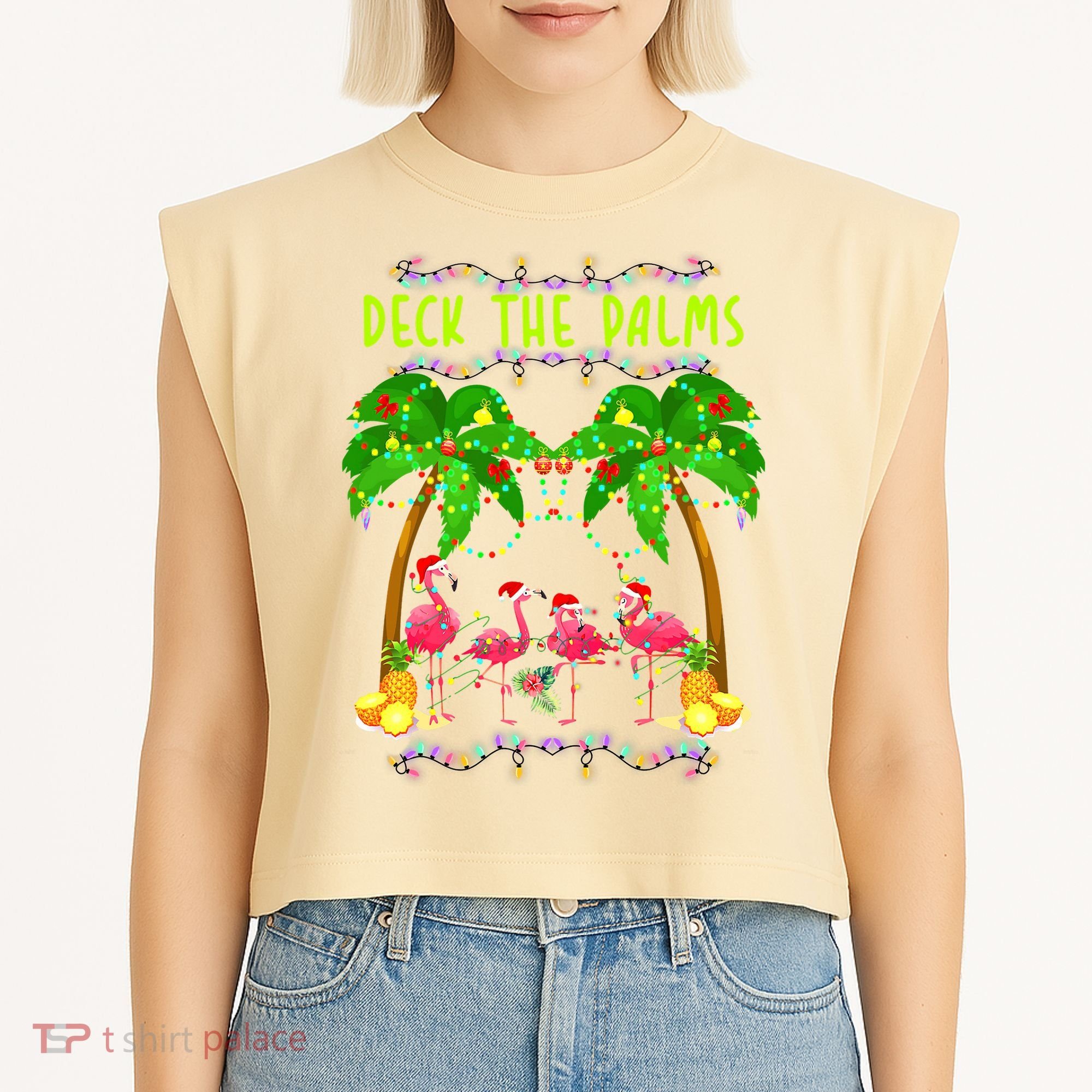 Deck the Palms Merry Flamingo Christmas funny Garment-Dyed Women's Muscle Tee