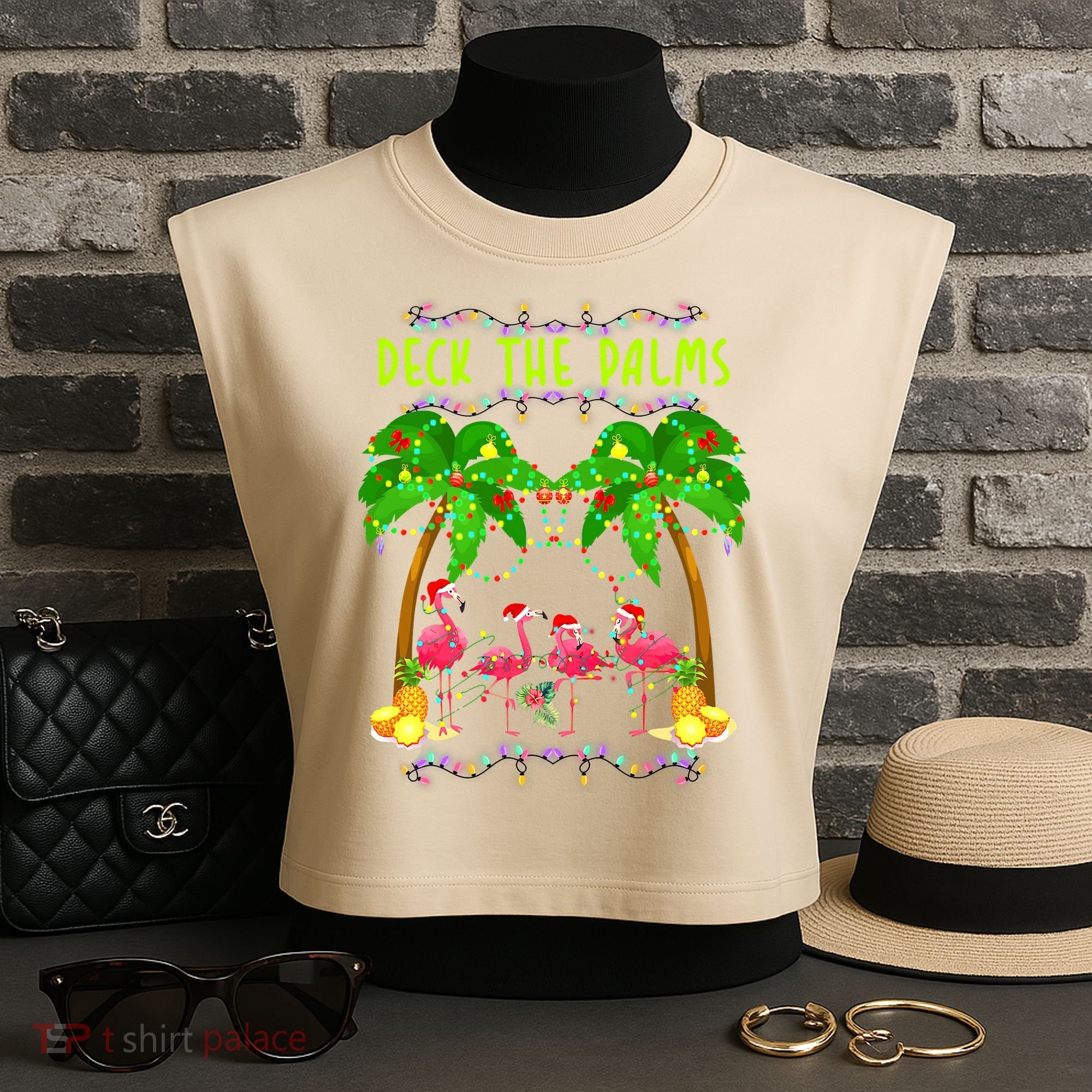 Deck the Palms Merry Flamingo Christmas funny Garment-Dyed Women's Muscle Tee