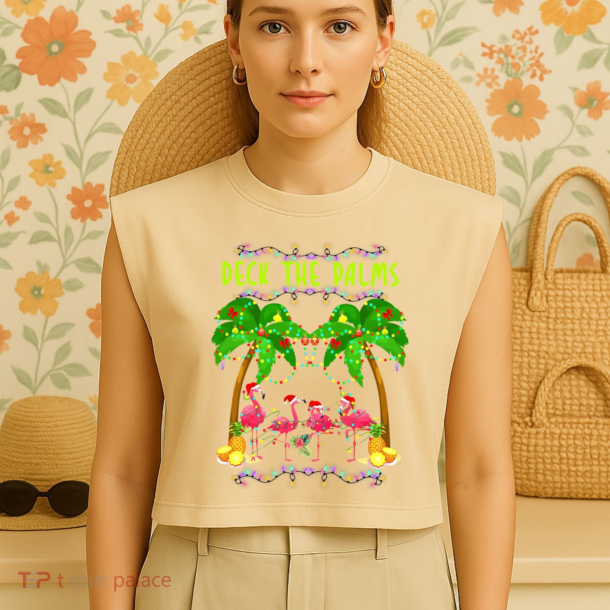 Deck the Palms Merry Flamingo Christmas funny Garment-Dyed Women's Muscle Tee