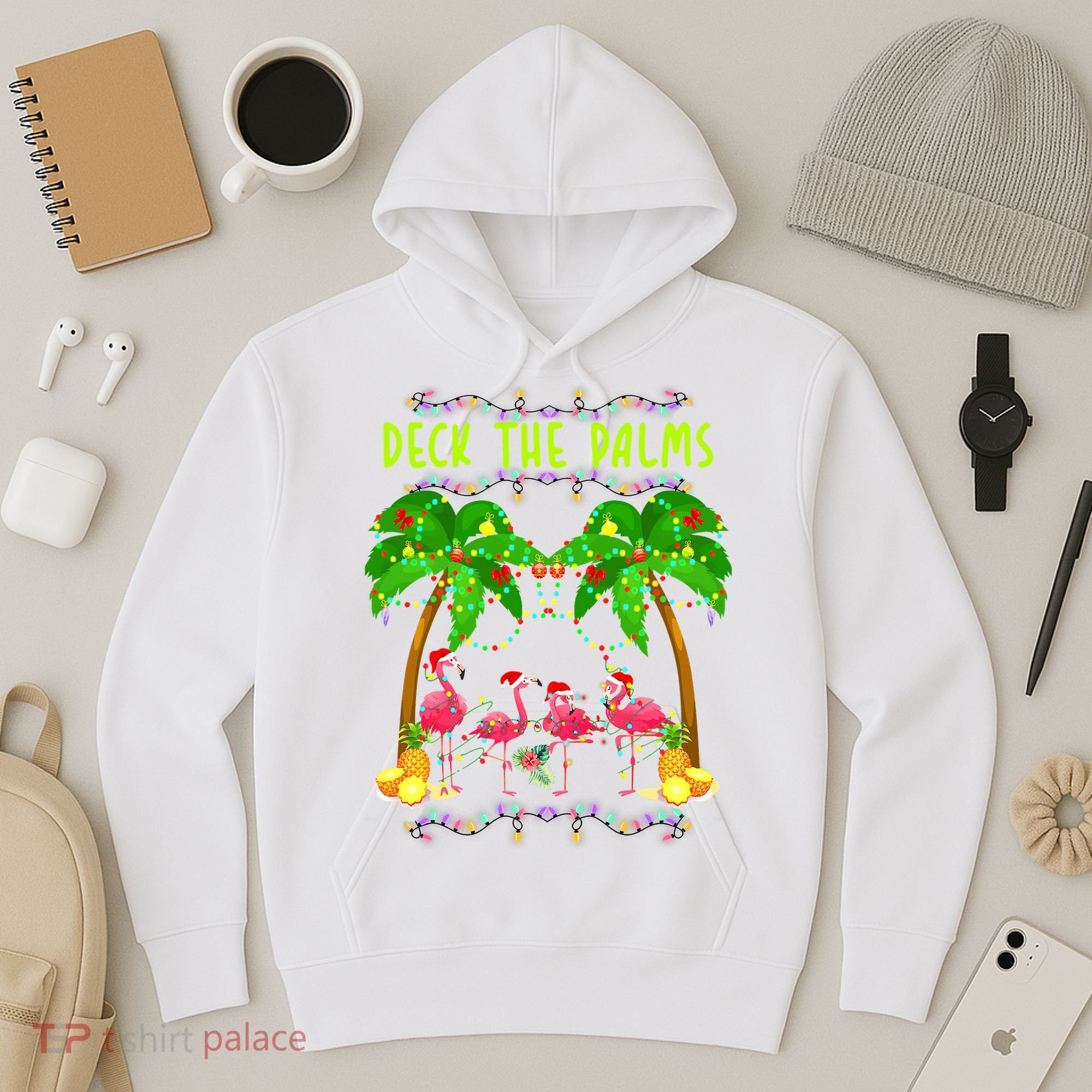 Deck the Palms Merry Flamingo Christmas funny Hoodie