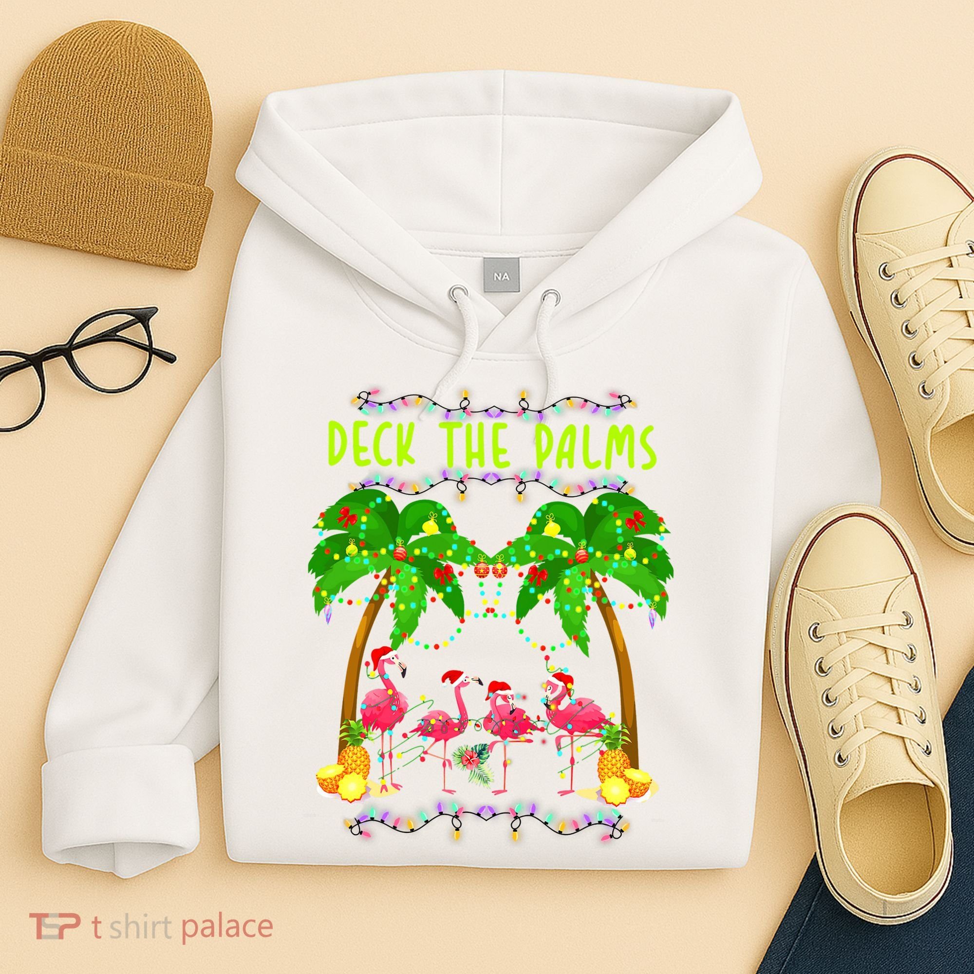 Deck the Palms Merry Flamingo Christmas funny Hoodie