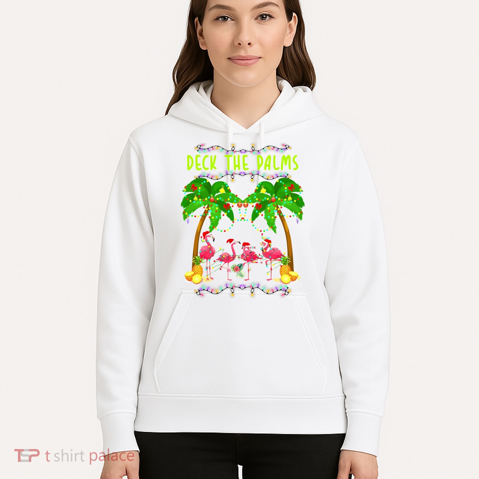 Deck the Palms Merry Flamingo Christmas funny Hoodie