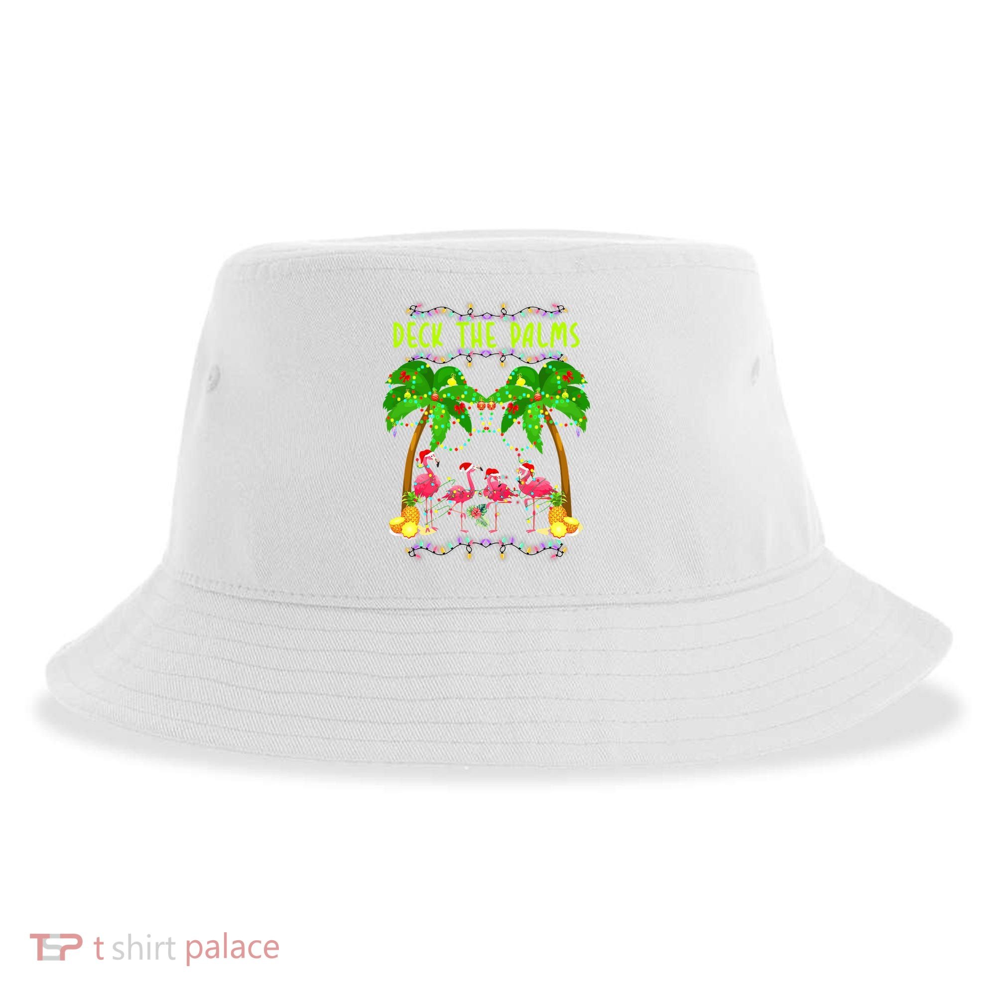 Deck the Palms Merry Flamingo Christmas funny Sustainable Bucket Hat