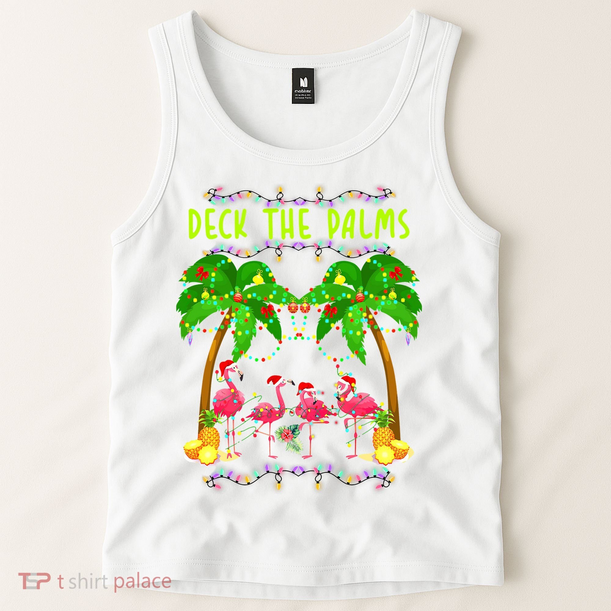 Deck the Palms Merry Flamingo Christmas funny Tank Top