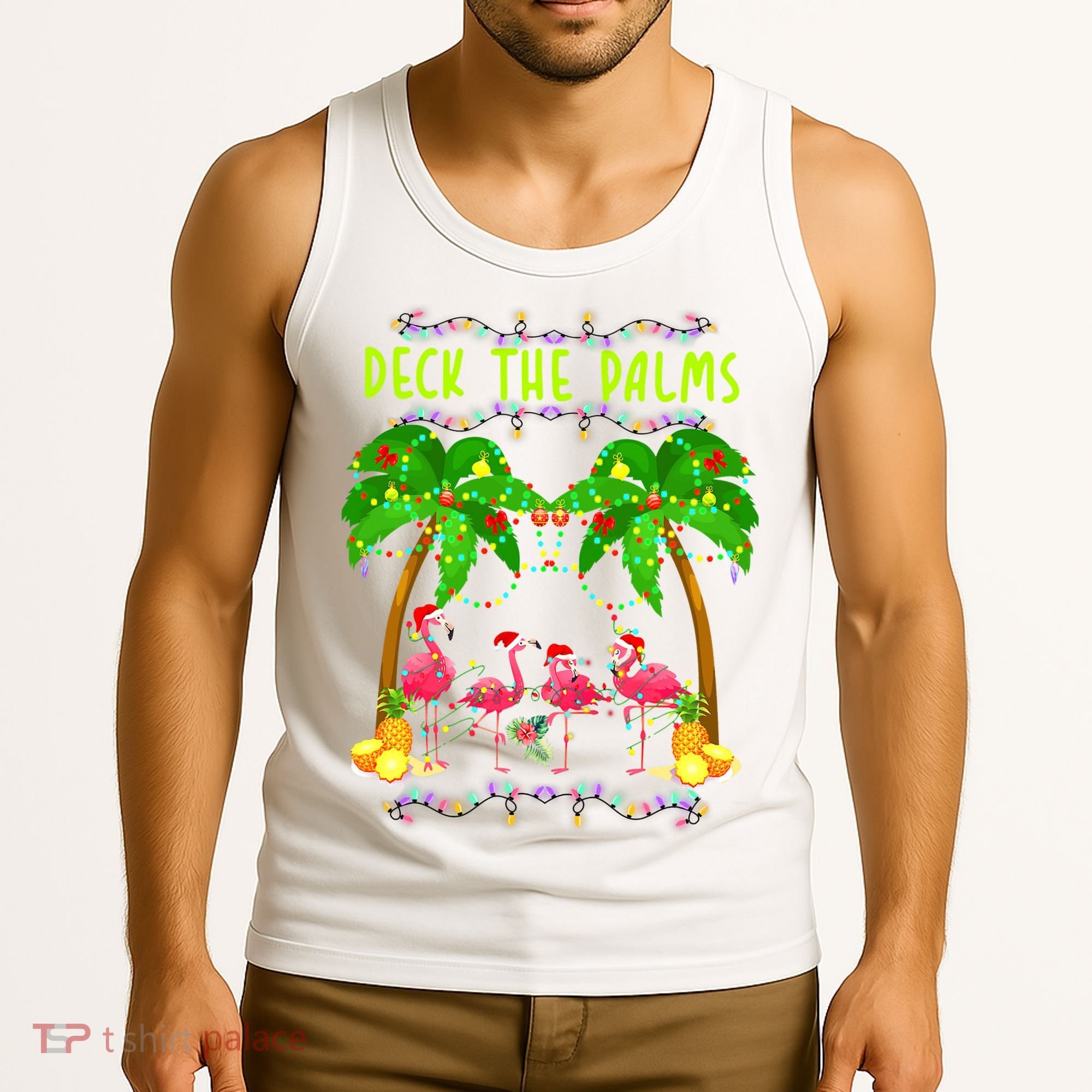 Deck the Palms Merry Flamingo Christmas funny Tank Top