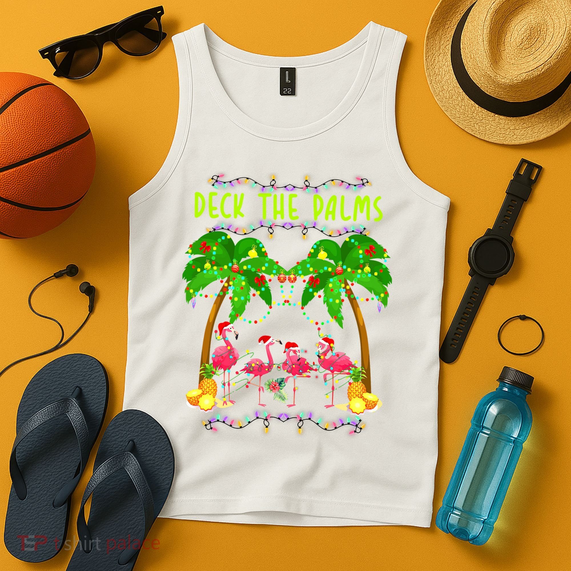 Deck the Palms Merry Flamingo Christmas funny Tank Top