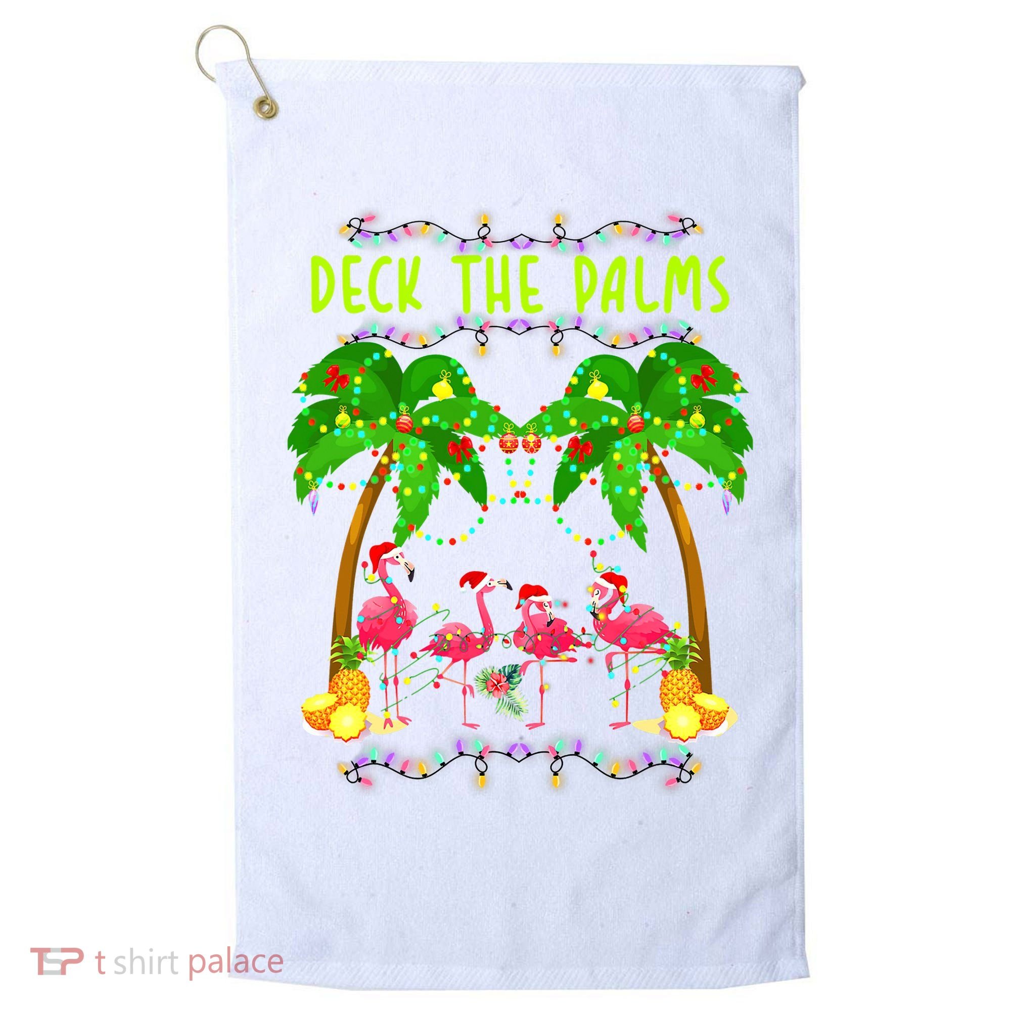 Deck the Palms Merry Flamingo Christmas funny Golf Towel