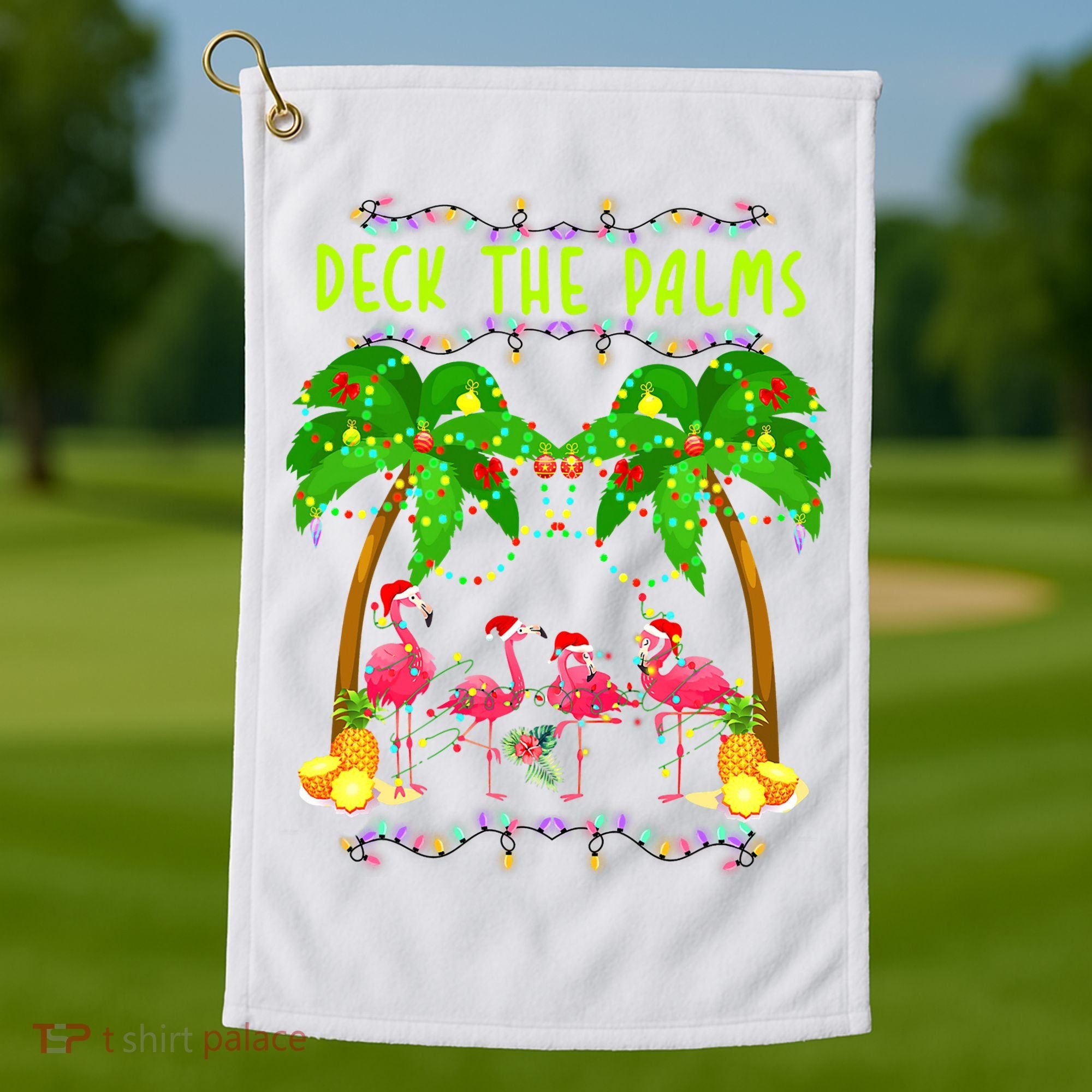Deck the Palms Merry Flamingo Christmas funny Golf Towel
