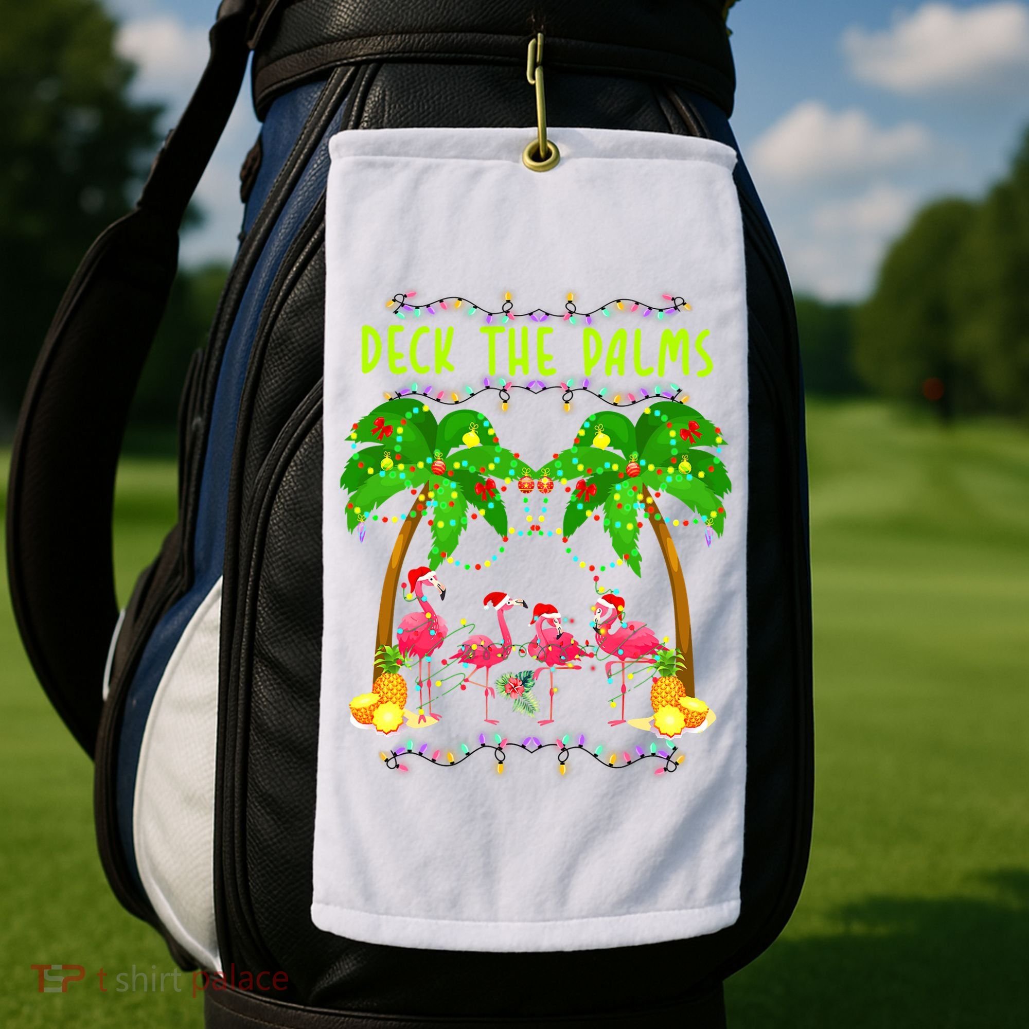 Deck the Palms Merry Flamingo Christmas funny Golf Towel