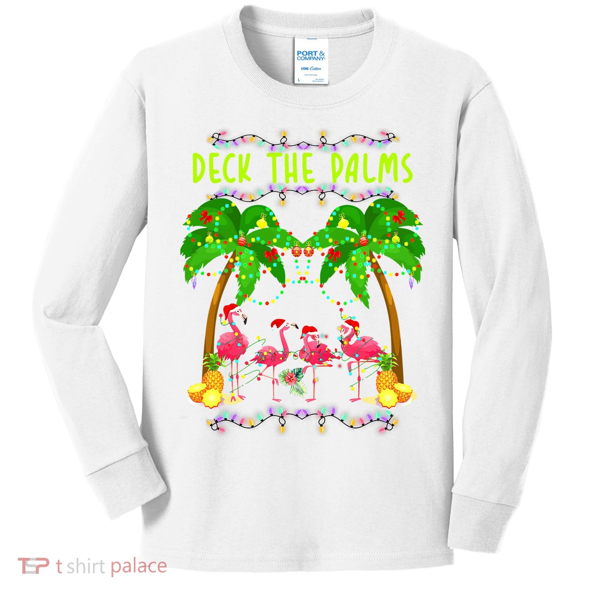 Deck the Palms Merry Flamingo Christmas funny Kids Long Sleeve Shirt
