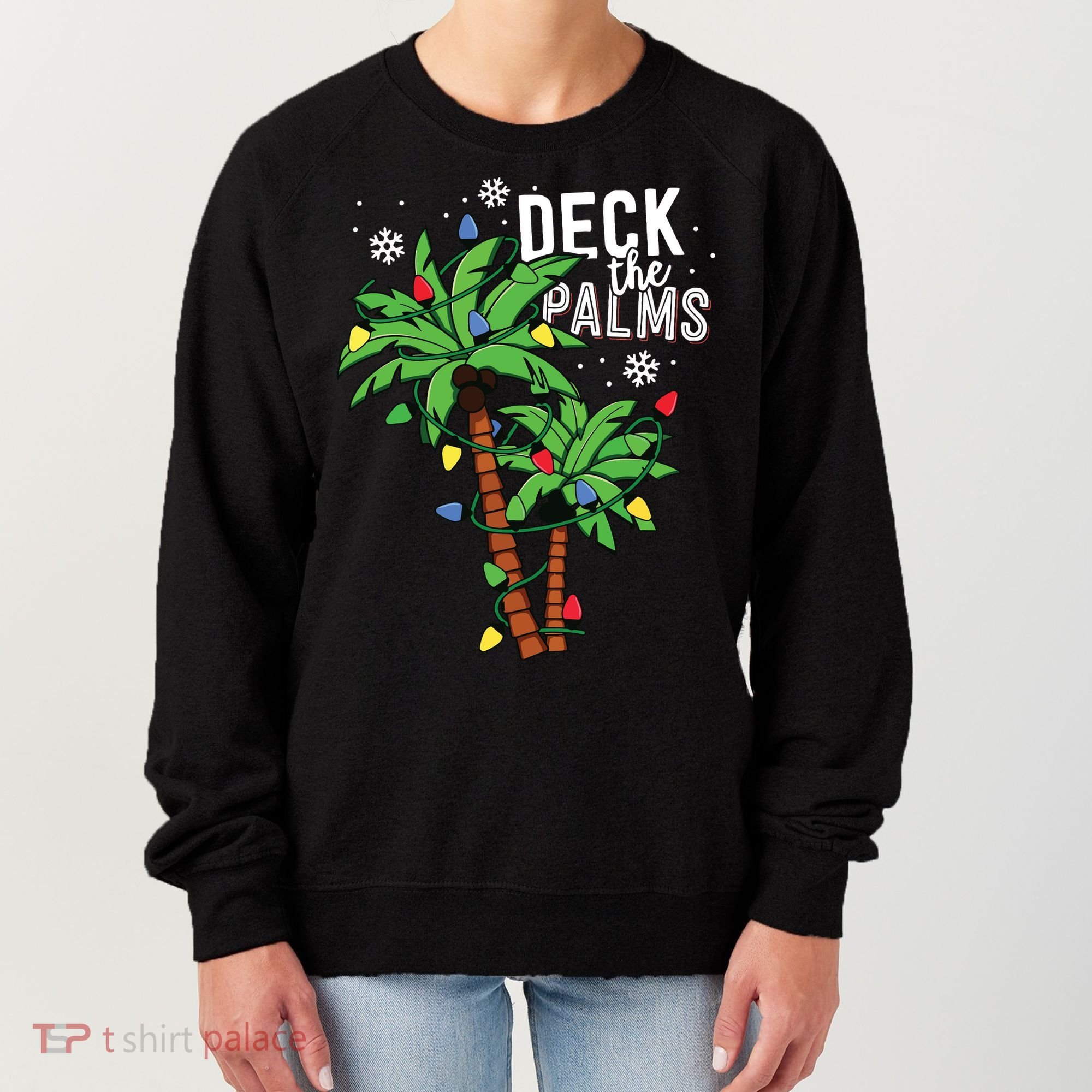 Deck The Palms Tropical Hawaii Christmas Palm Tree Lights Women's Sweatshirt