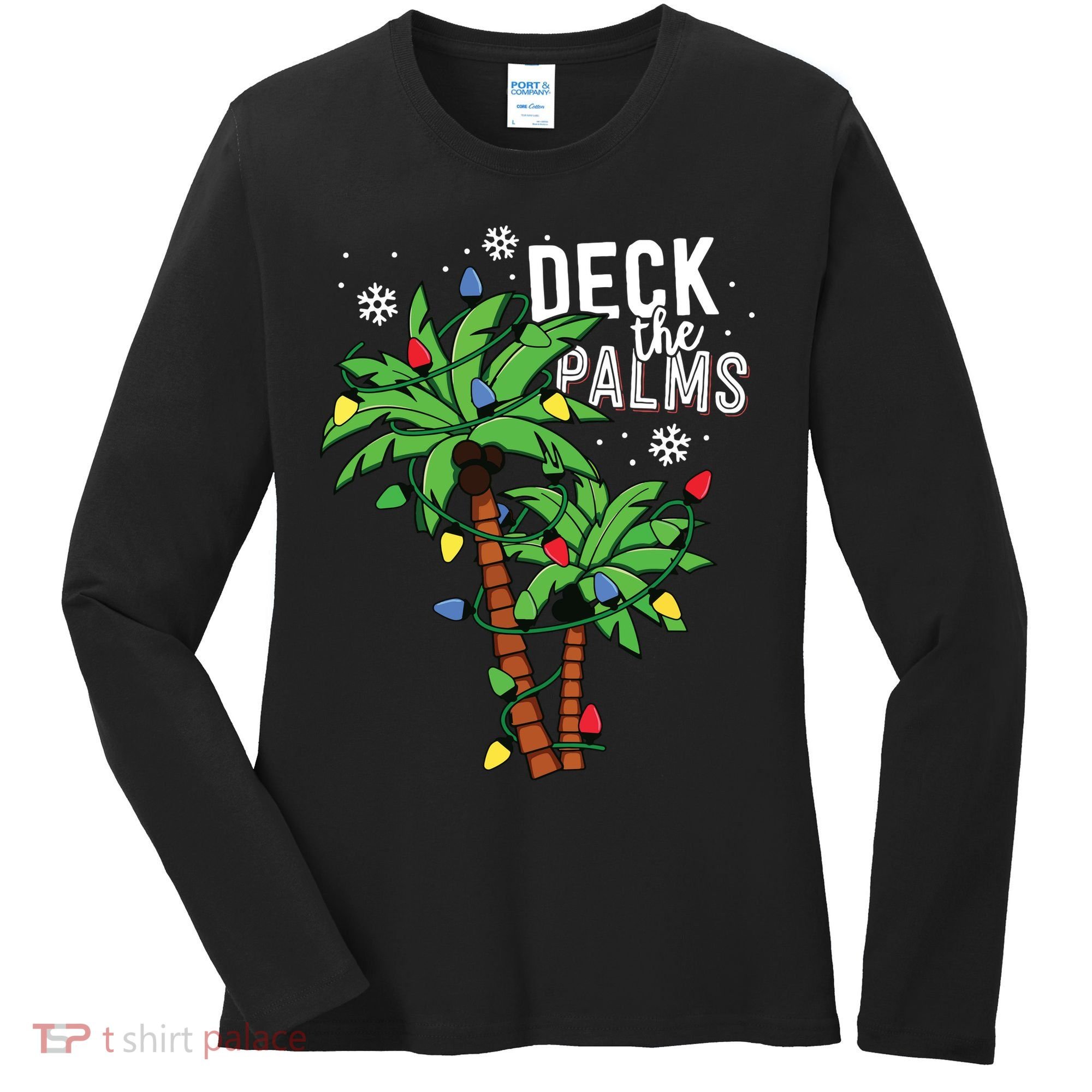 Deck The Palms Tropical Hawaii Christmas Palm Tree Lights Women's Long Sleeve Shirt