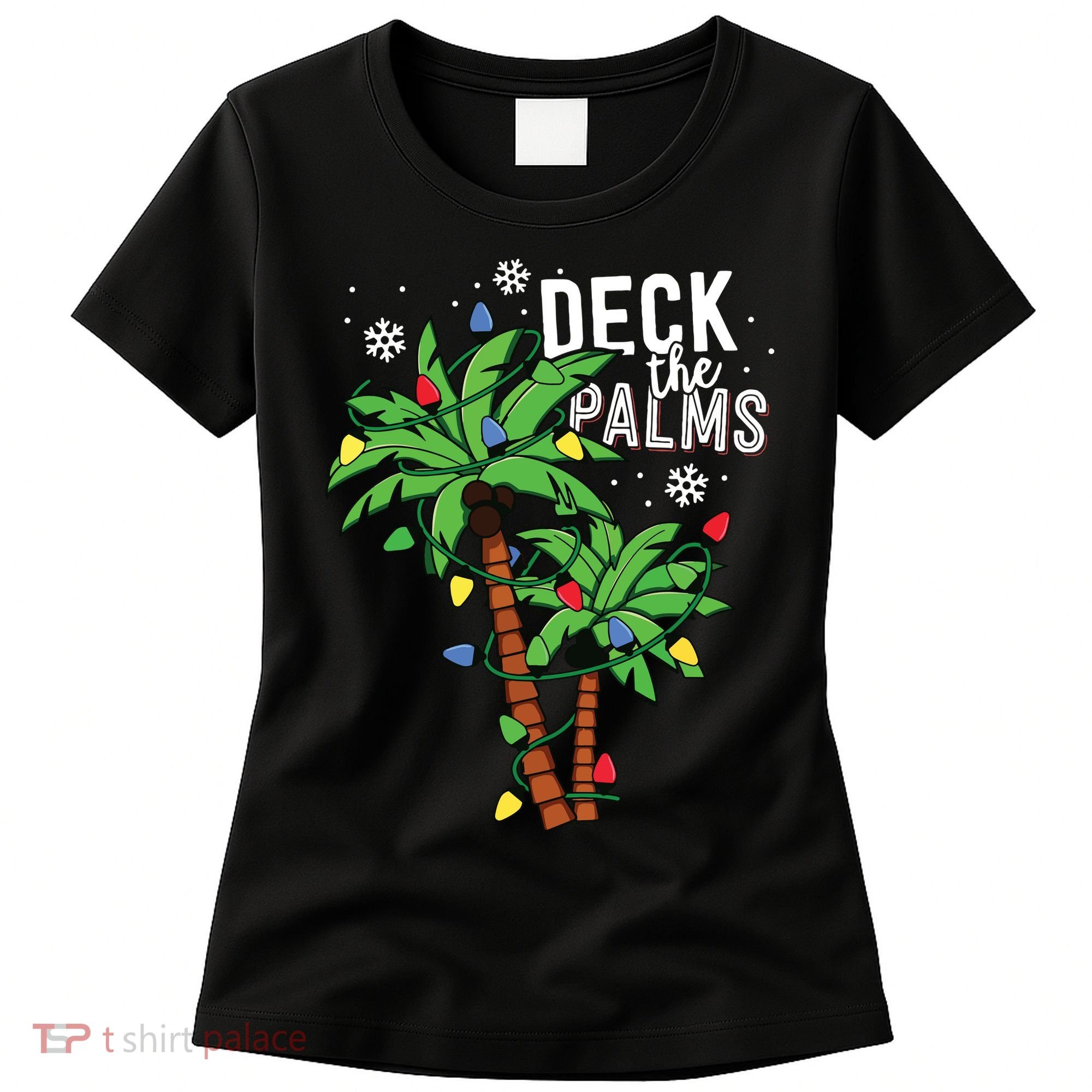 Deck The Palms Tropical Hawaii Christmas Palm Tree Lights Women's T-Shirt
